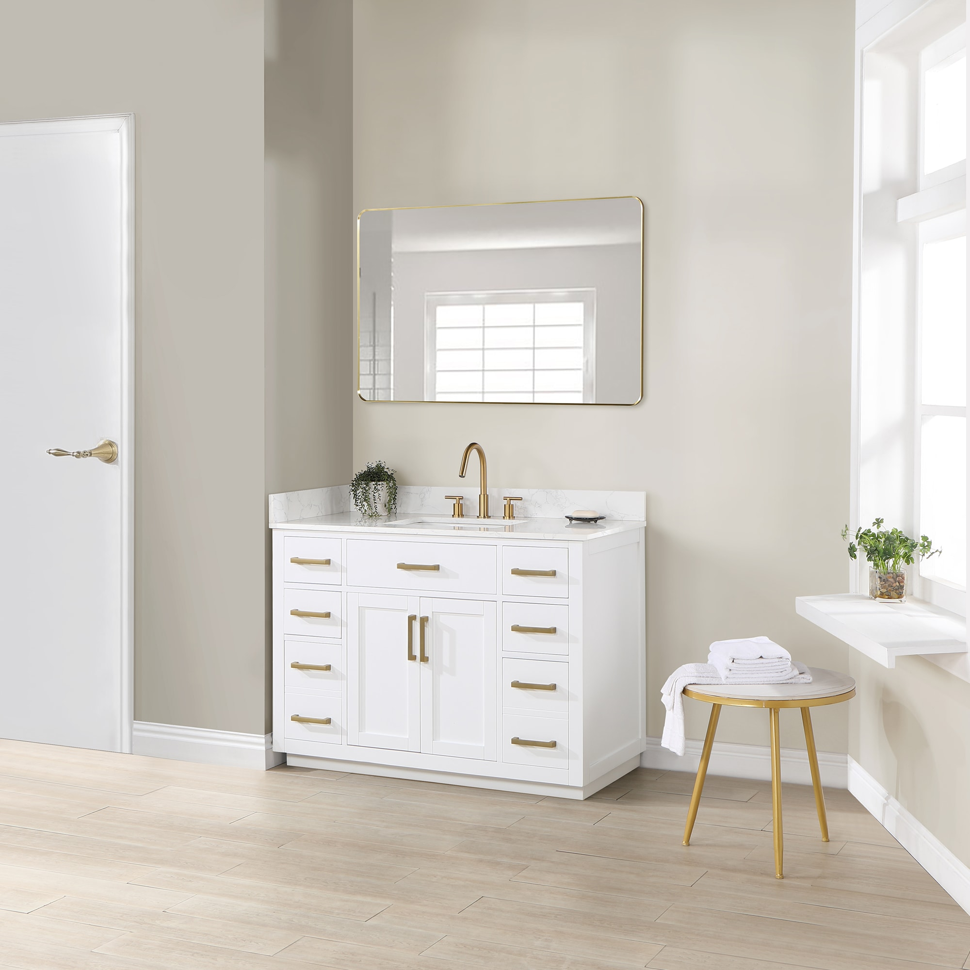 Gavino 48" Wood Vanity in White with Grain White Composite Stone Top and Mirror