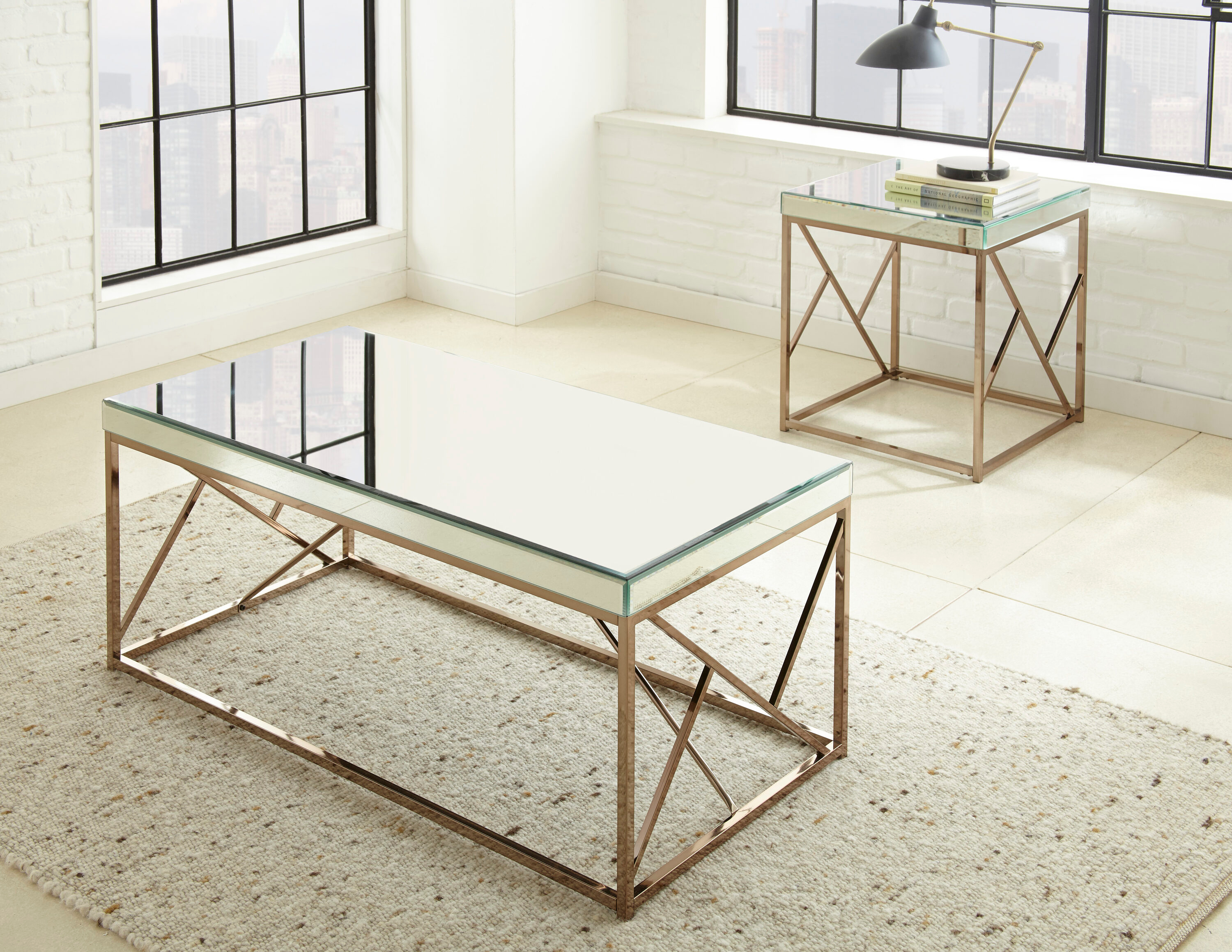 Steve Silver Evelyn Square Mirror Top End Table, Copper