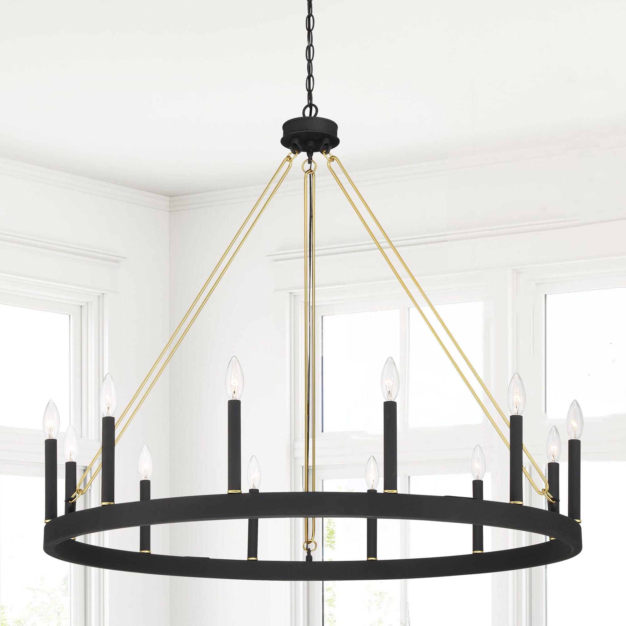 ACROMA  12-light 40In Modern Farmhouse Wagon Wheel Chandelier Black/ Gold Candle Lighting - 40'' D