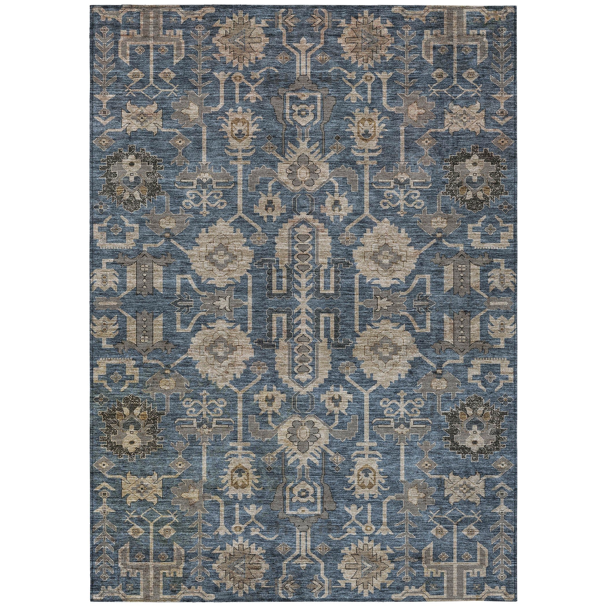 Navy and Beige Synthetic Flat Woven 8' x 10' Oriental Rug