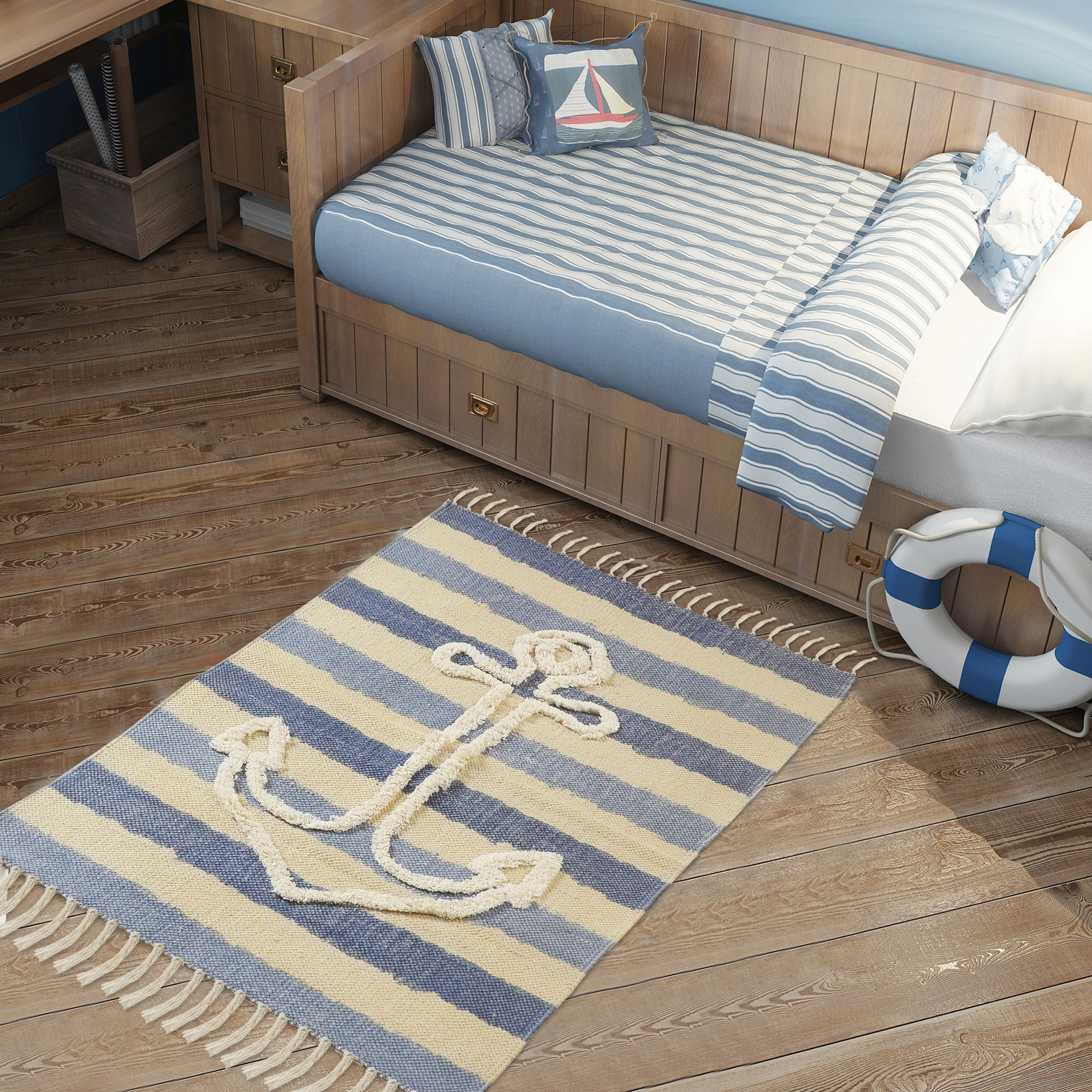Ox Bay Blair 2'6" x 3'9" Blue/Beige Shag Anchor Striped Durable Indoor Area Rug