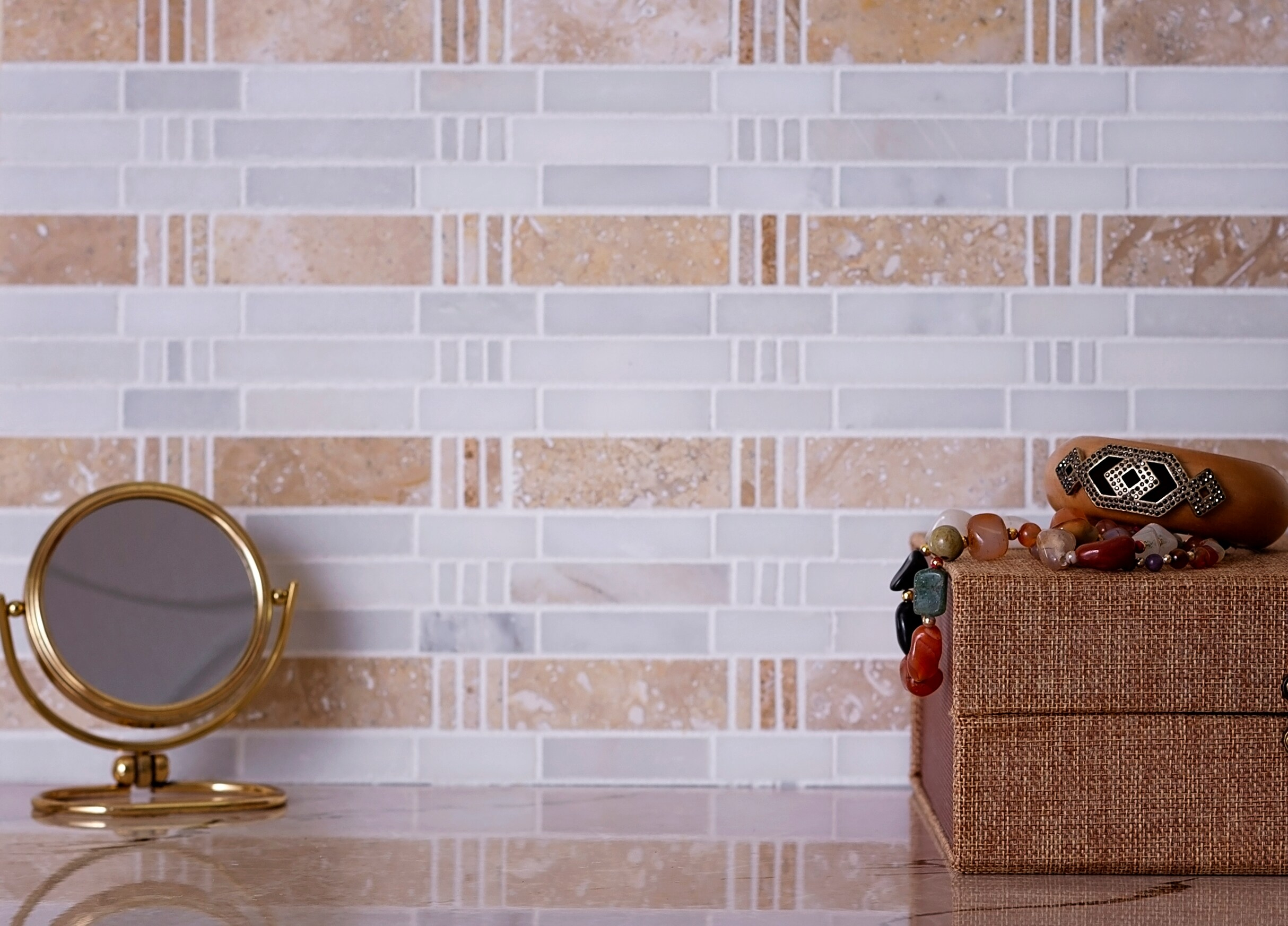 5 pack Beige and White 12 in. x 12 in. Bamboo Polished Marble Mosaic Floor and Wall Tile (5.00 sq. ft./Case)