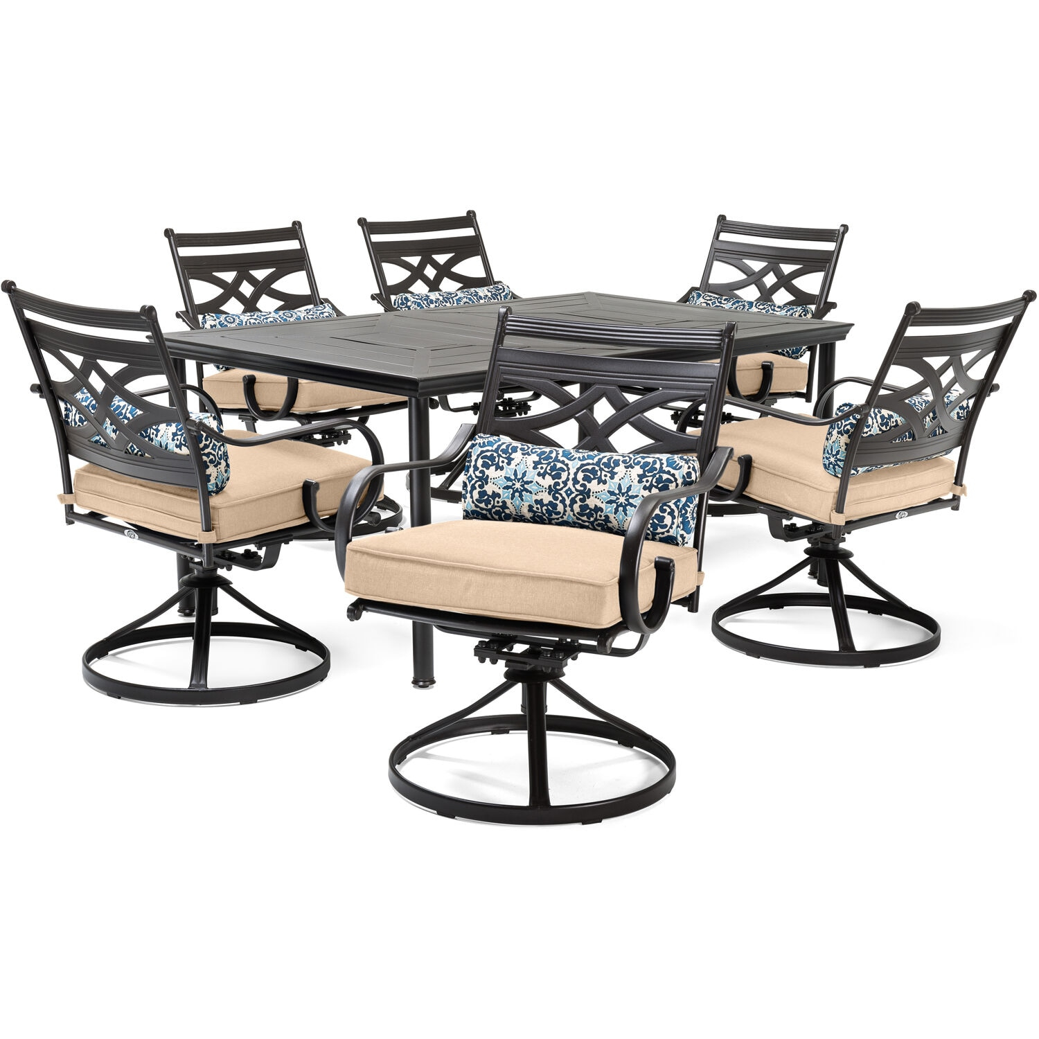 Hanover Montclair 7-Piece Steel Dining Set with 6 Swivel Rockers and Dining Table, Seats 6