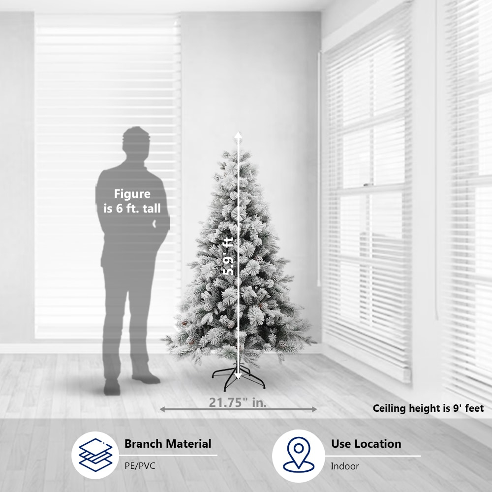 LuxenHome 6Ft Artificial Flocked Full Pine Christmas Tree with Pine Cones