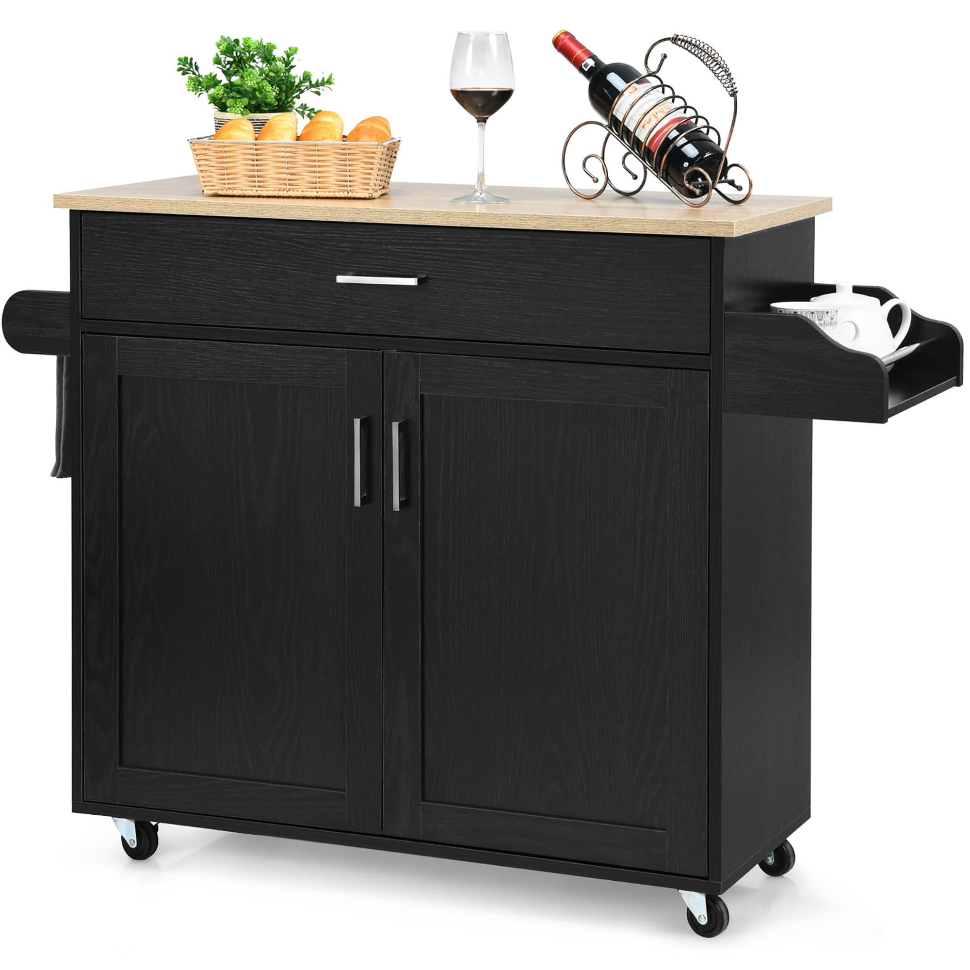 Black Fir Wood Rolling Kitchen Cart with Spice Rack and Storage
