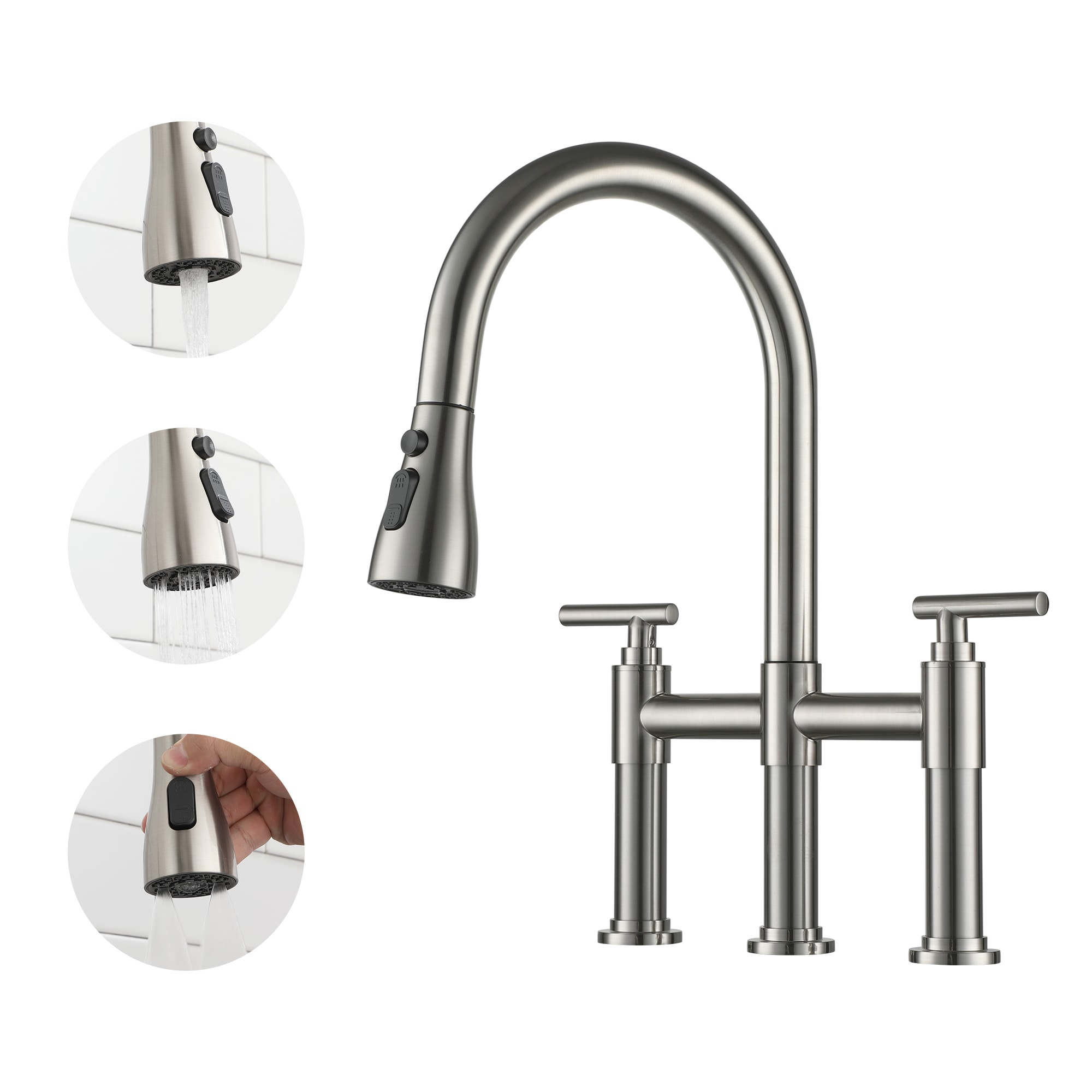 Brushed Nickel Double Handle Bridge Kitchen Faucet with Pull-Out Spray
