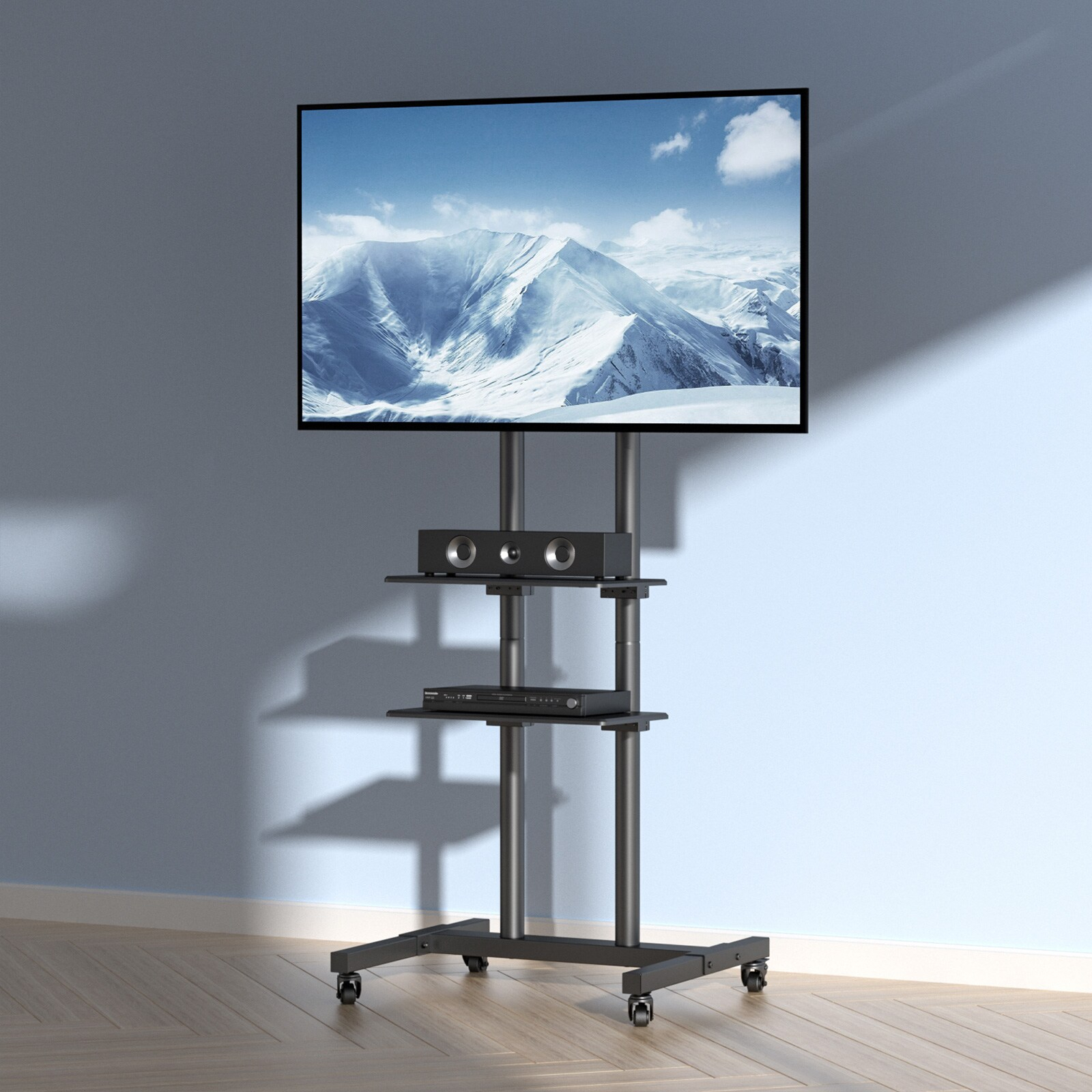 VEVOR Mobile TV Stand, Mobile TV Cart for 32 to 70 inch TVs, Height Adjustable Portable TV Stand with Wheels, Double Tray for Audio-Visual Devices, Rolling TV Stand with Mount for Bedroom, Living Room