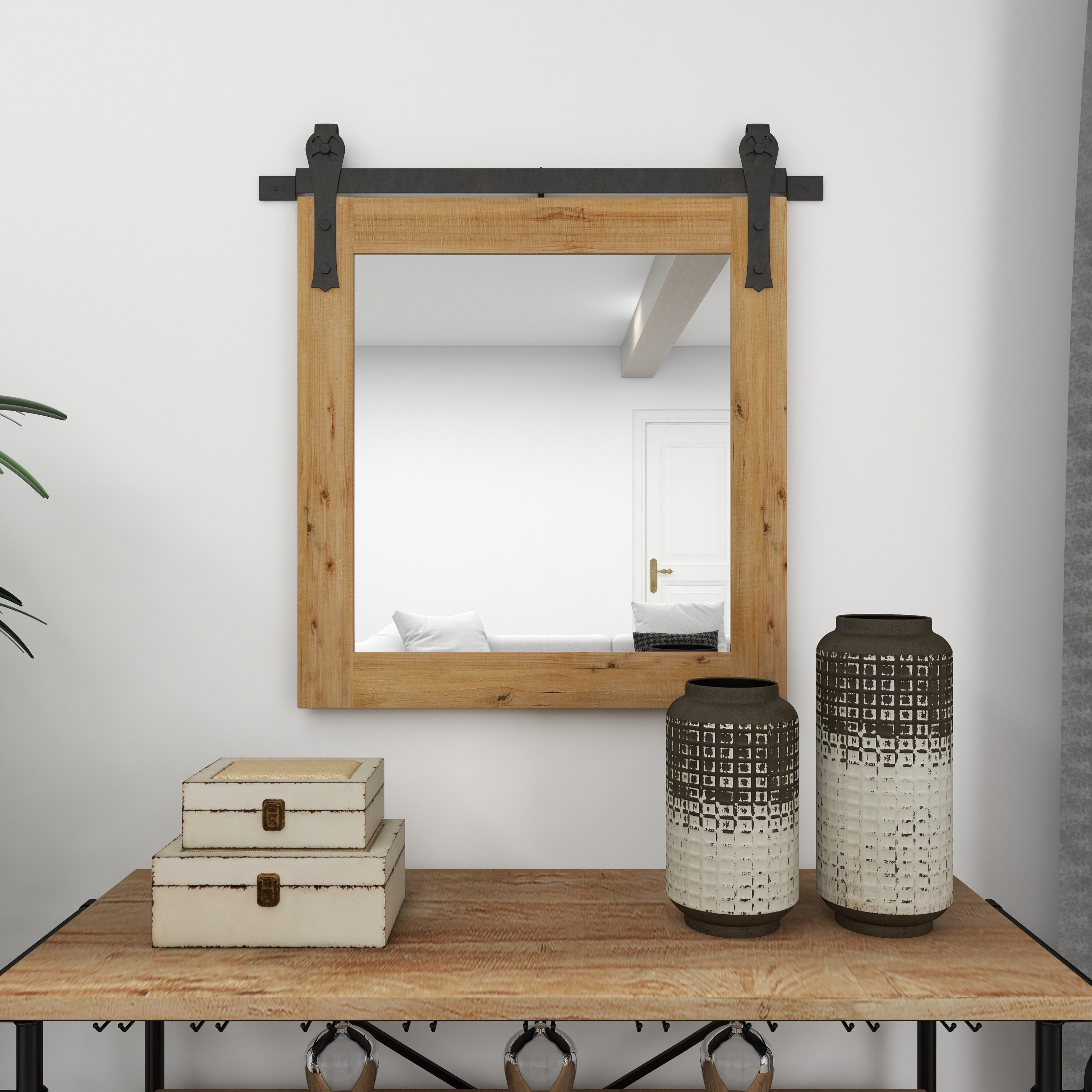 DecMode Industrial Brown Square Shaped Wall Mirror with Natural Wood Grain Pattern, 31"W x 31"H