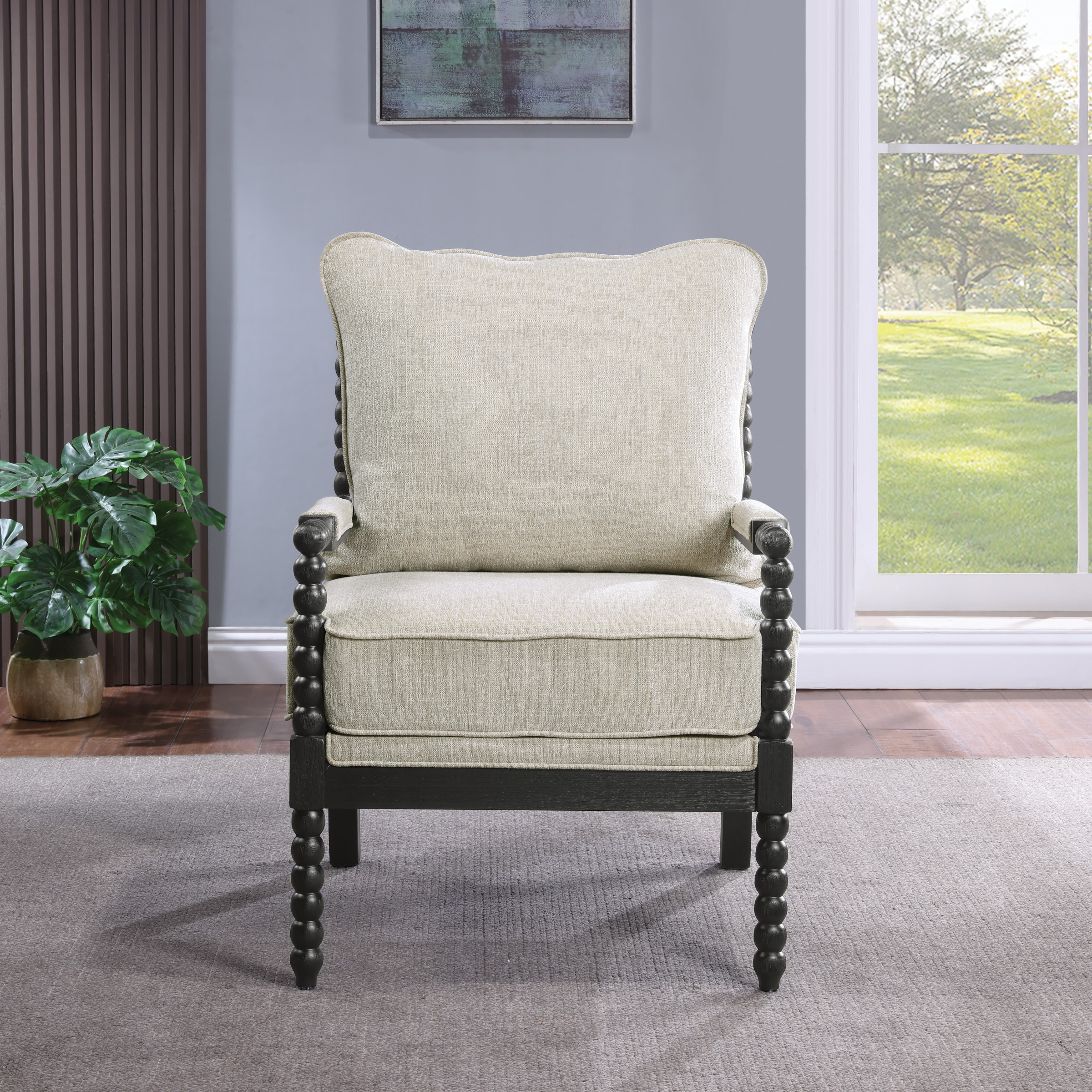 Classic Linen and Black Wood Spindle Accent Chair