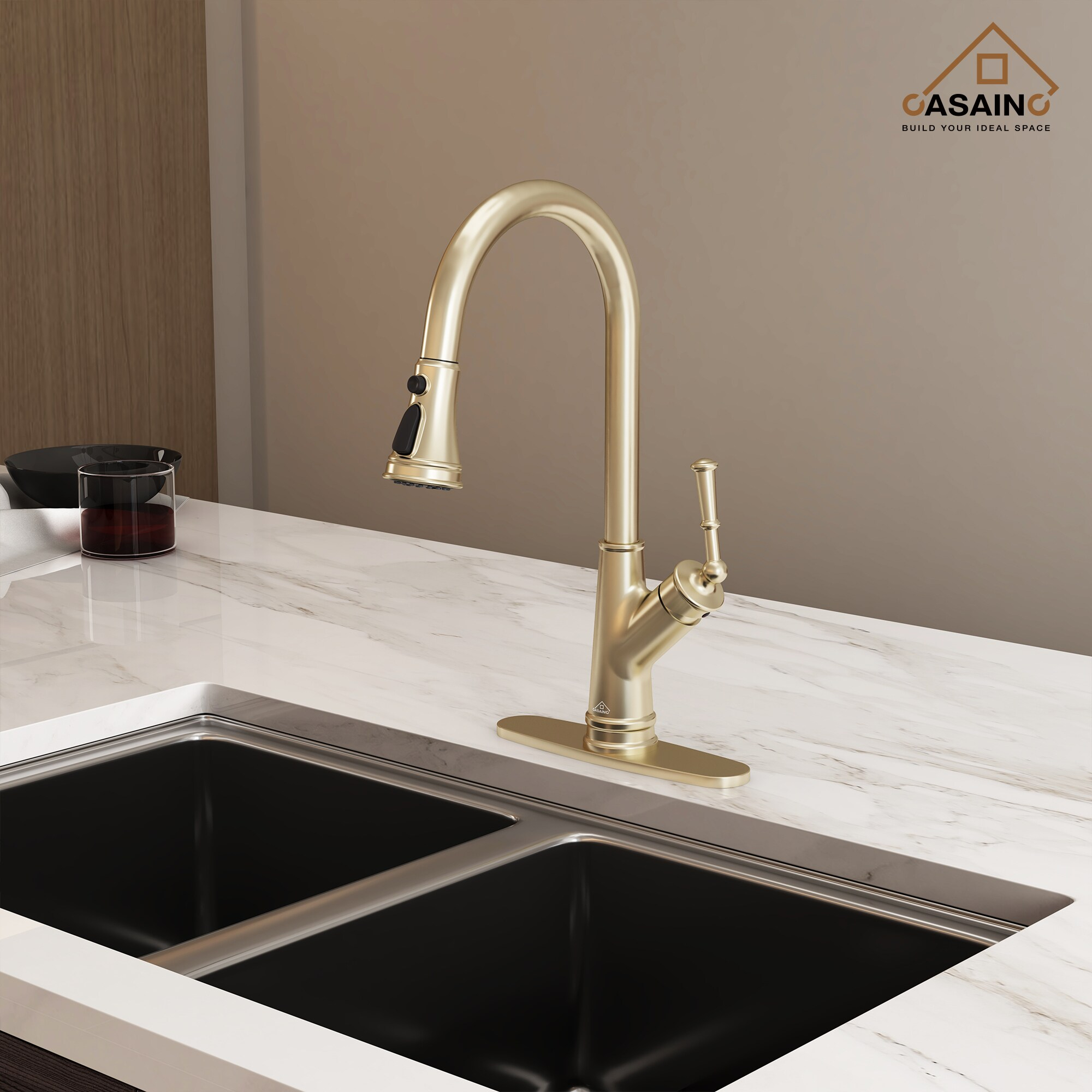 Brushed Gold Single Handle Pull-Out Kitchen Faucet with Sprayer