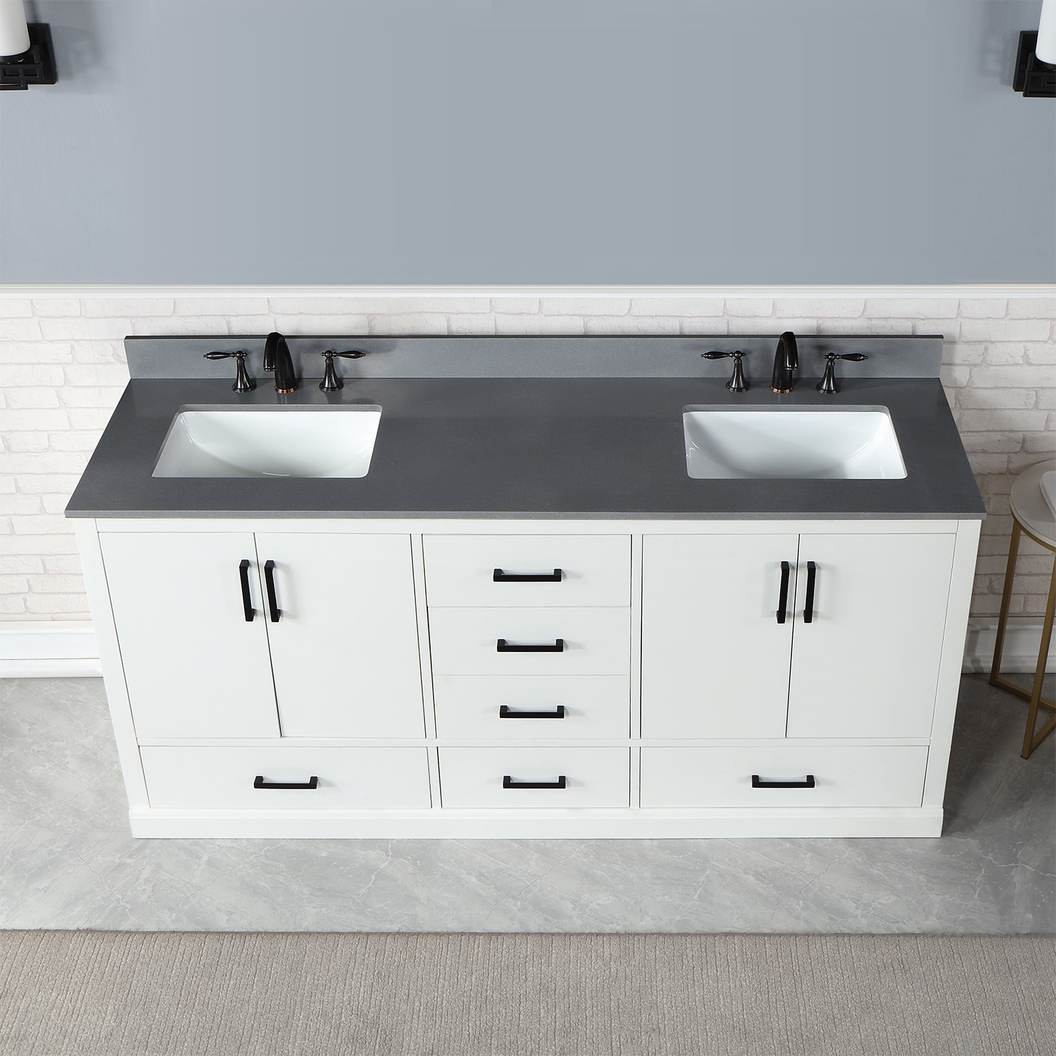 Monna 72" Double Bathroom Vanity Set in White with Concrete Grey Composite Stone Countertop without Mirror