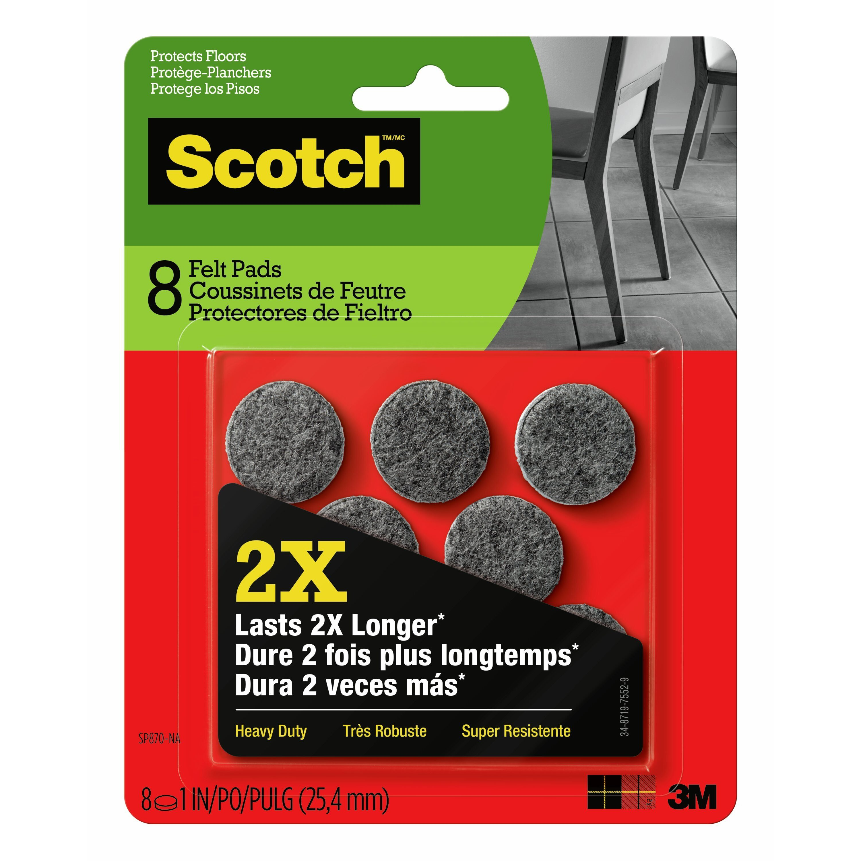 (8-Pk) Scotch 1" Gray Round Heavy-Duty Surface Protection Felt Floor Pads