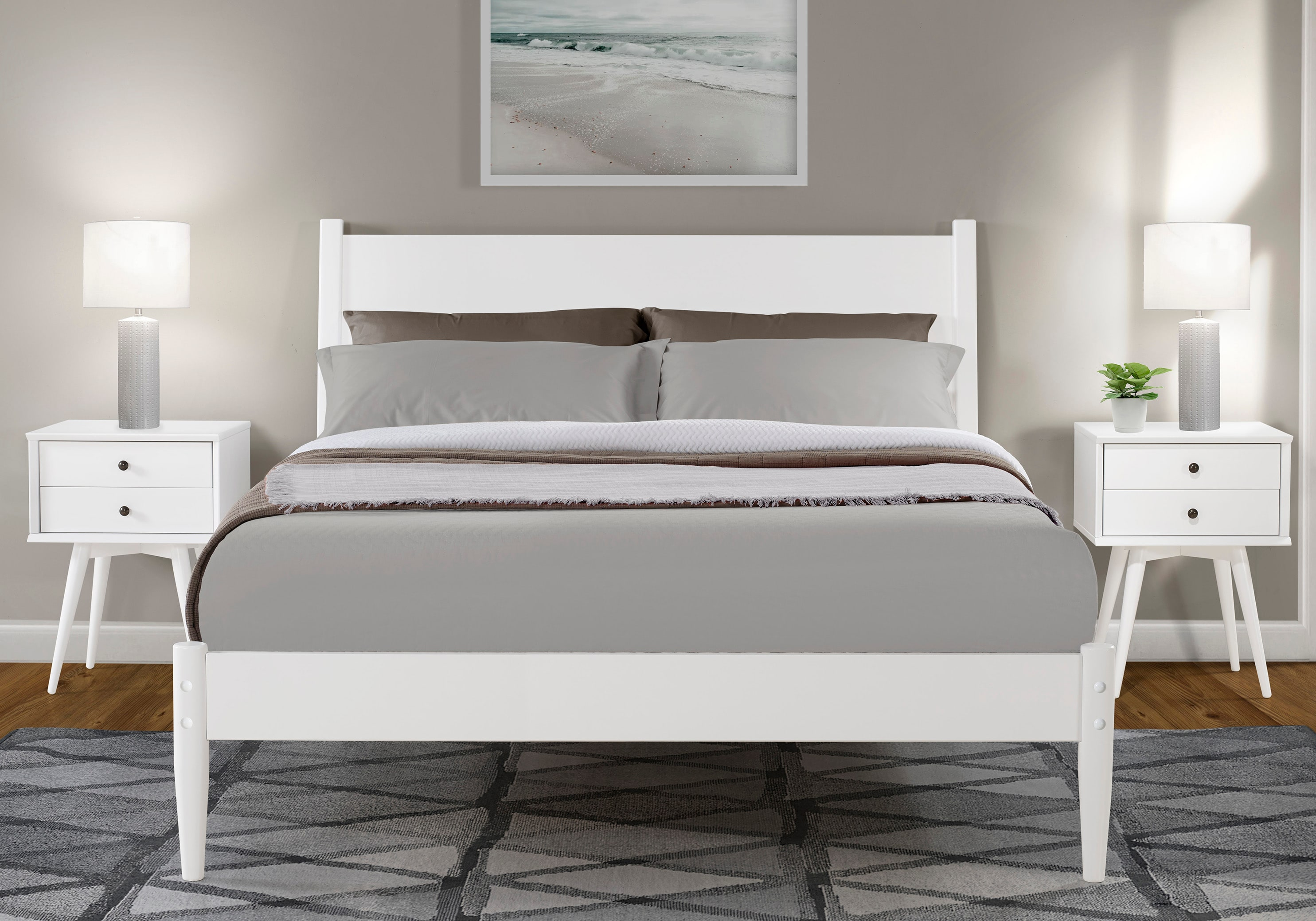 Camaflexi Mid Century Platform Bed Wood Panel Bed Frame with Headboard, Queen, White