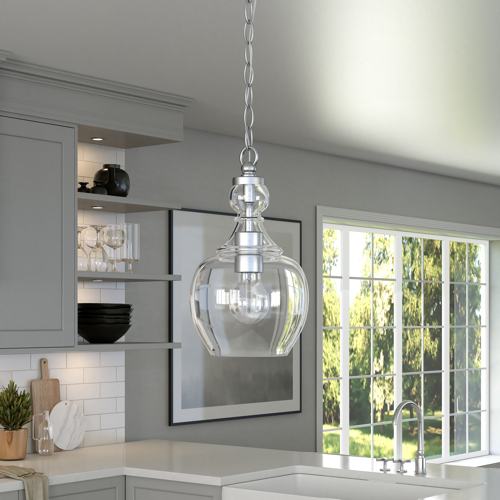 Evelyn&Zoe 7" Brushed Nickel Finish Metal/Glass Pendant
