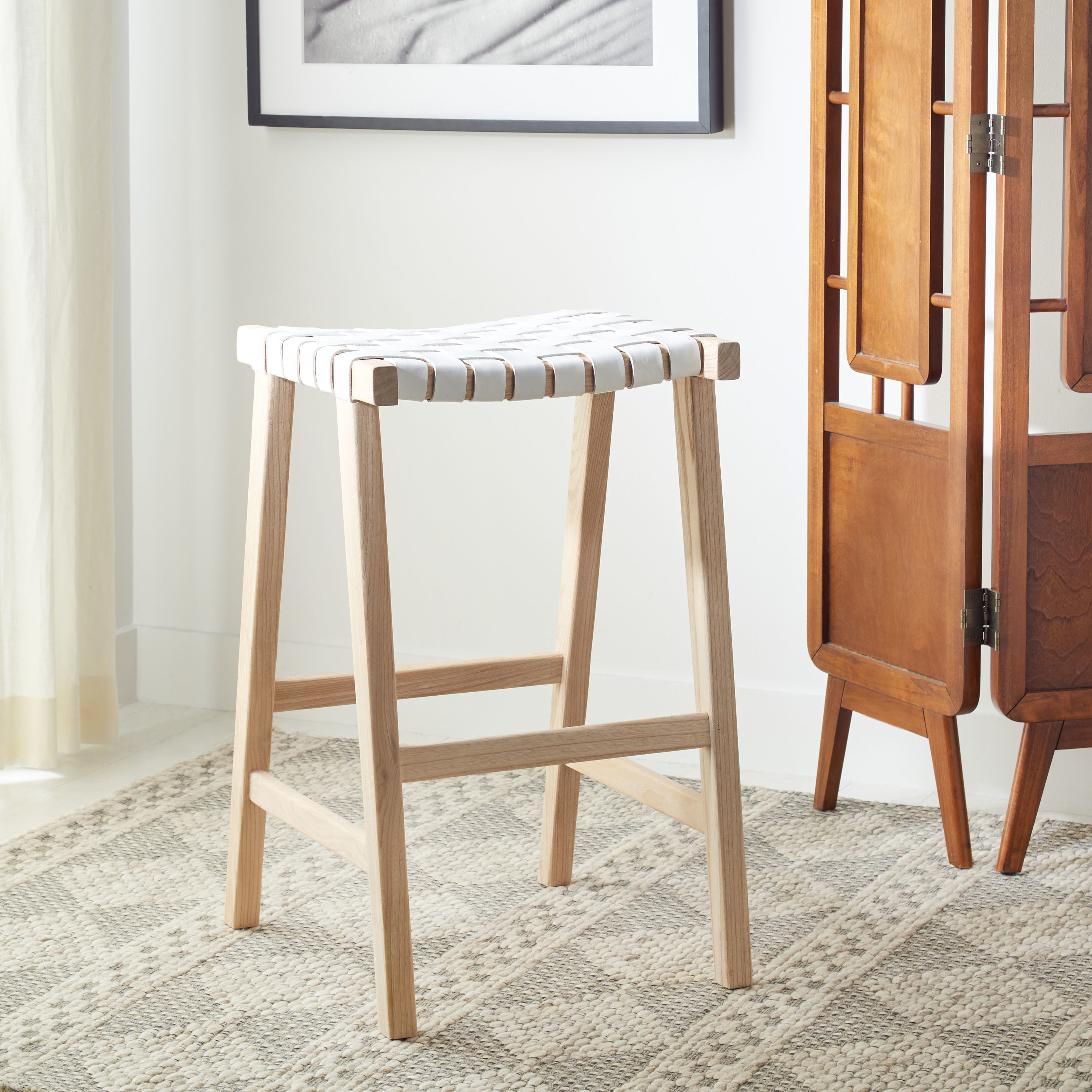 SAFAVIEH Abreu Rectangle Barstool, White/Light Natural (18.5 in. W x 20 in. D x 30 in. H)