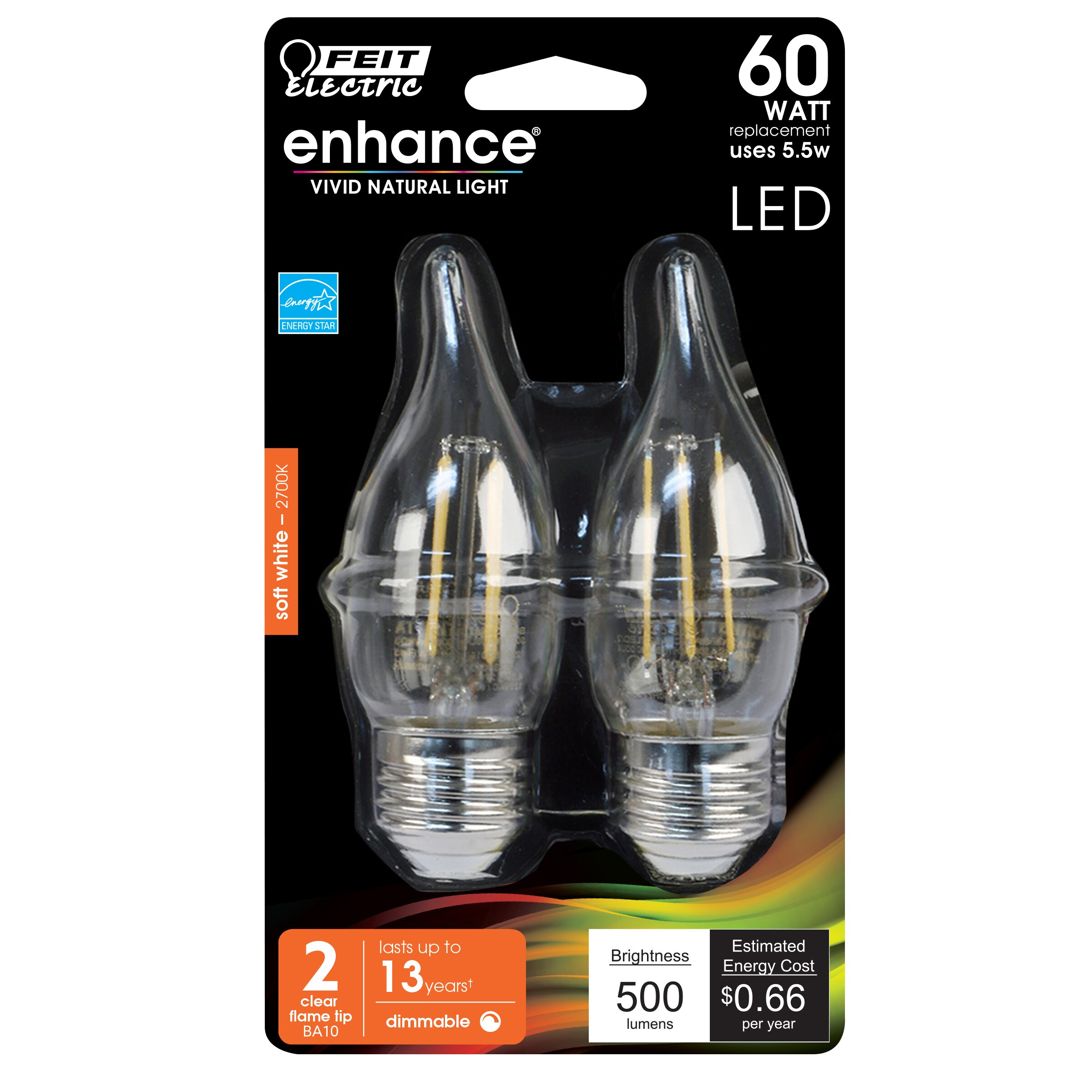 Clear Flame Tip Dimmable LED Chandelier Bulbs, 60-Watt Equivalent