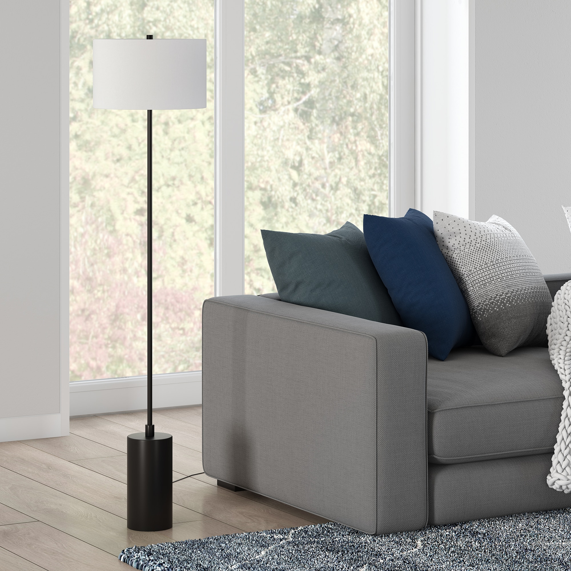 Evelyn&Zoe Somerset 64" Tall Floor Lamp with Drum Fabric Shade, Blackened Bronze/White