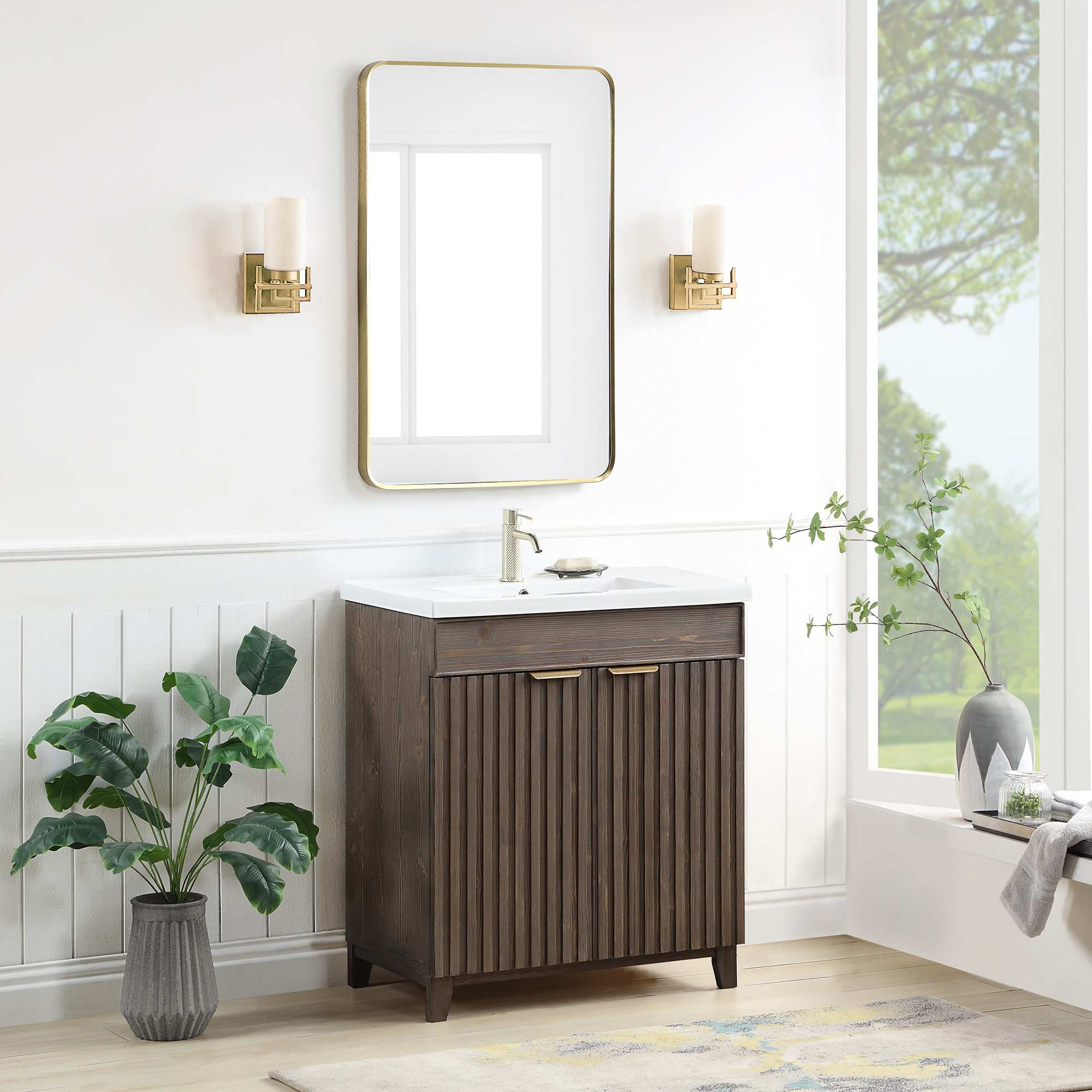 Palos 30" Single Bath Vanity in Spruce Antique Brown with White Ceramic Basin
