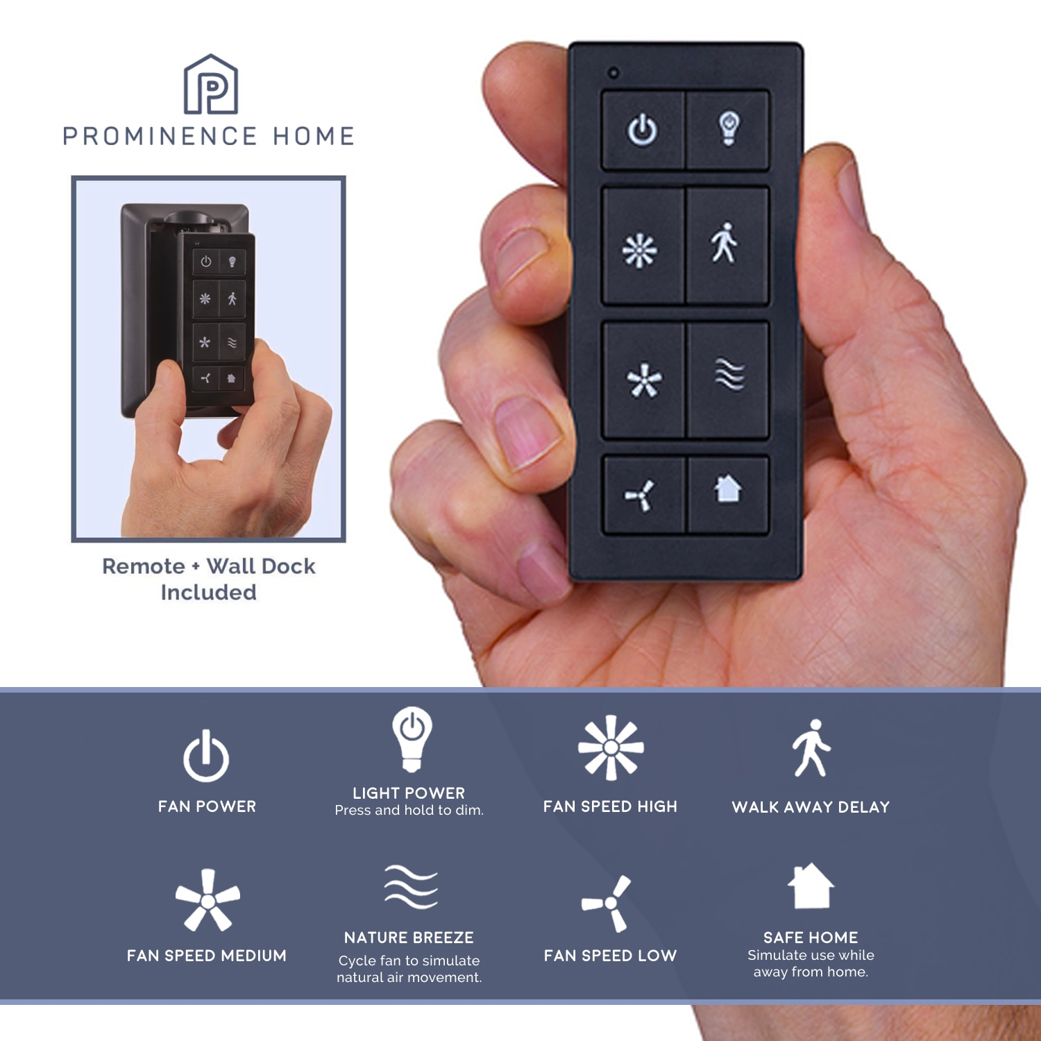 Prominence Home Universal Ceiling Fan Remote Control Kit with Receiver, Wall Dock and Batteries, For Downrod Ceiling Fans ONLY - Model 51487-01 - Black