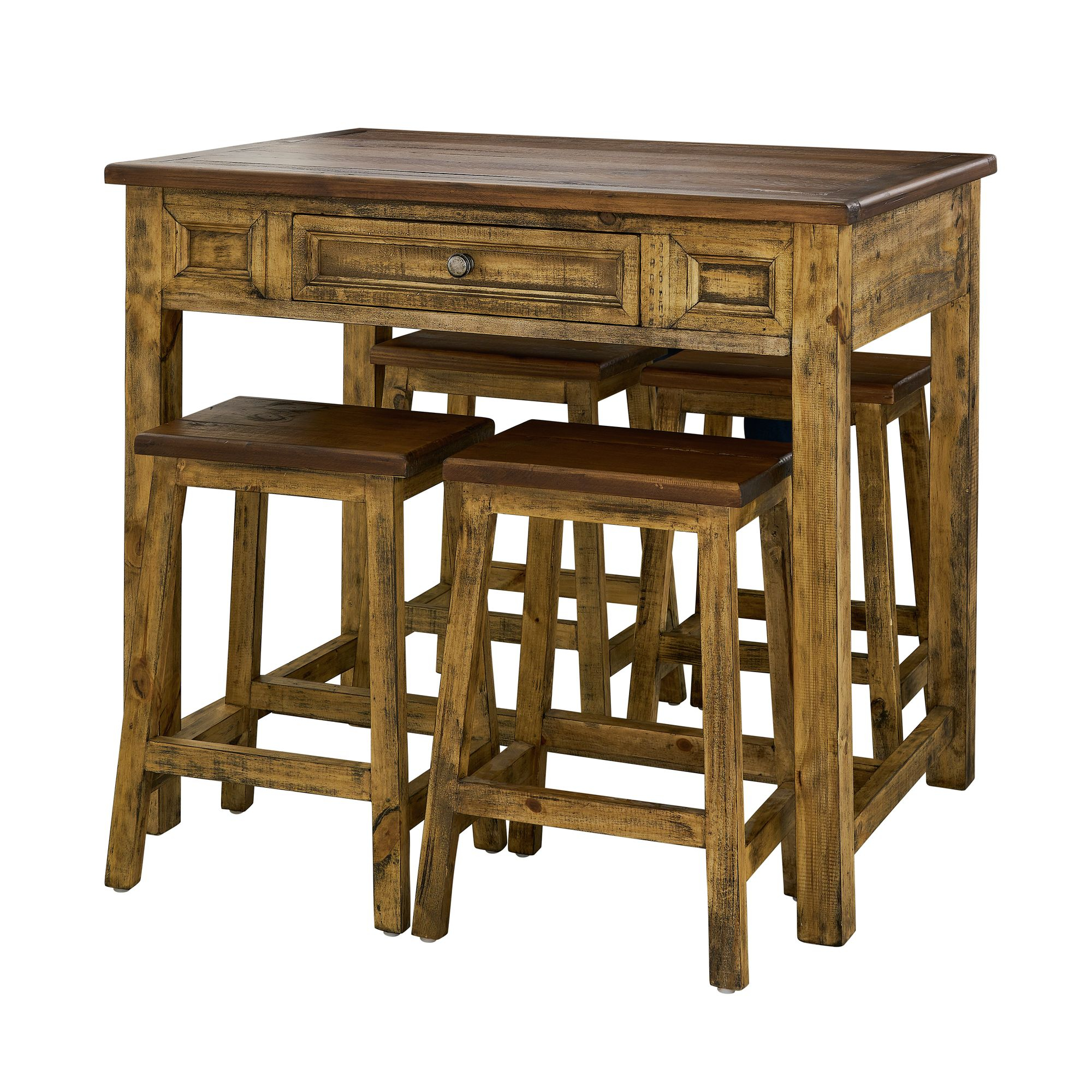 Abilene Distressed Brown Kitchen Island with 4 Stools