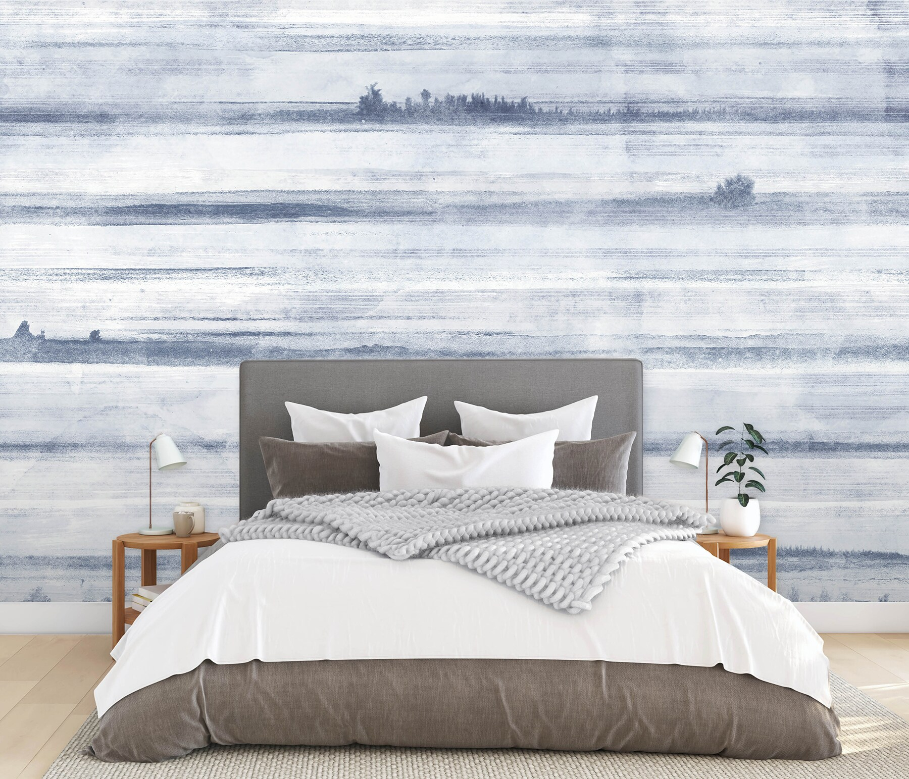 Ocean Blue and White Striped Washable Wall Mural