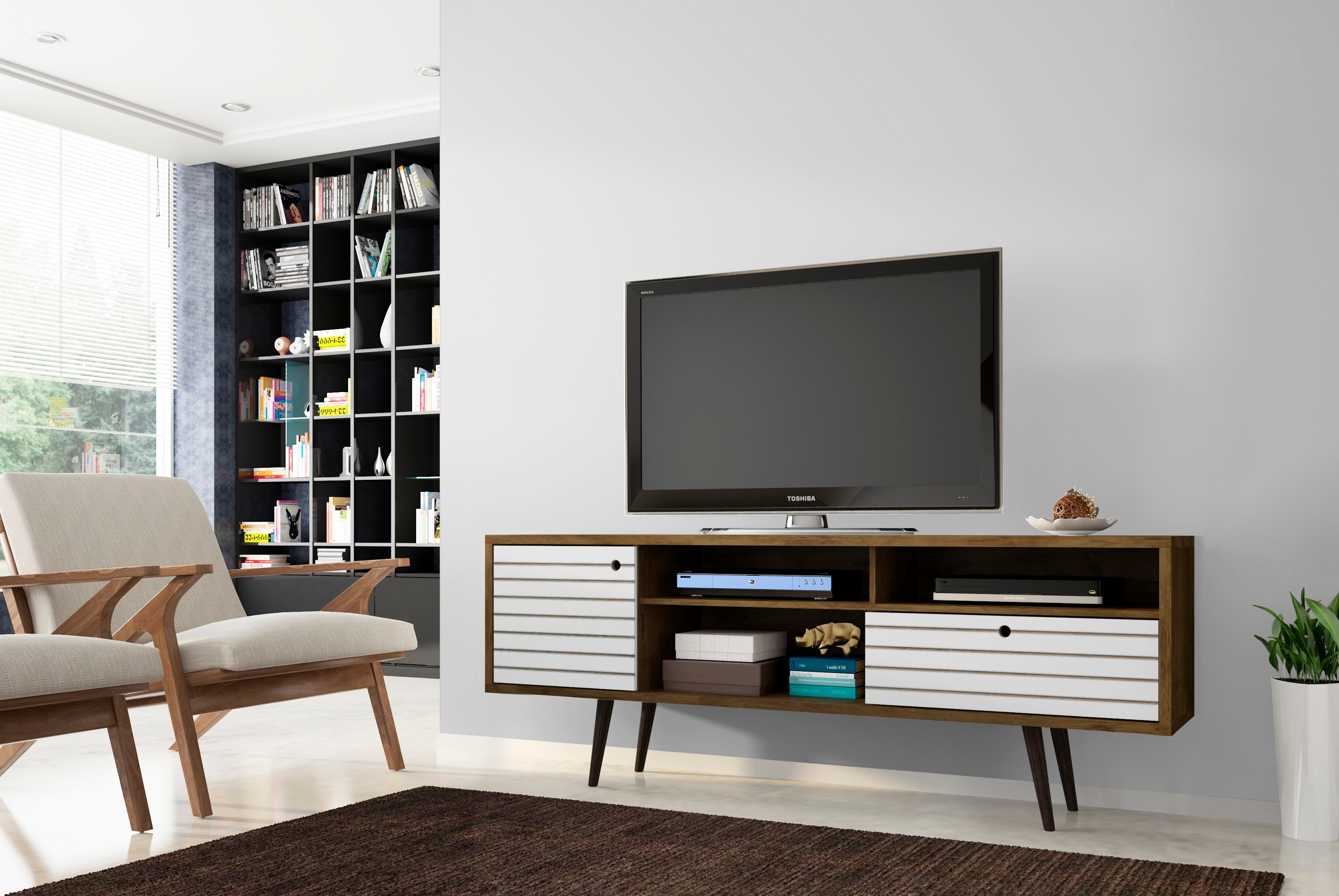 Liberty 70.86" Mid-Century Modern TV Stand with 4 Shelving Spaces and 1 Drawer  with Solid Wood Legs