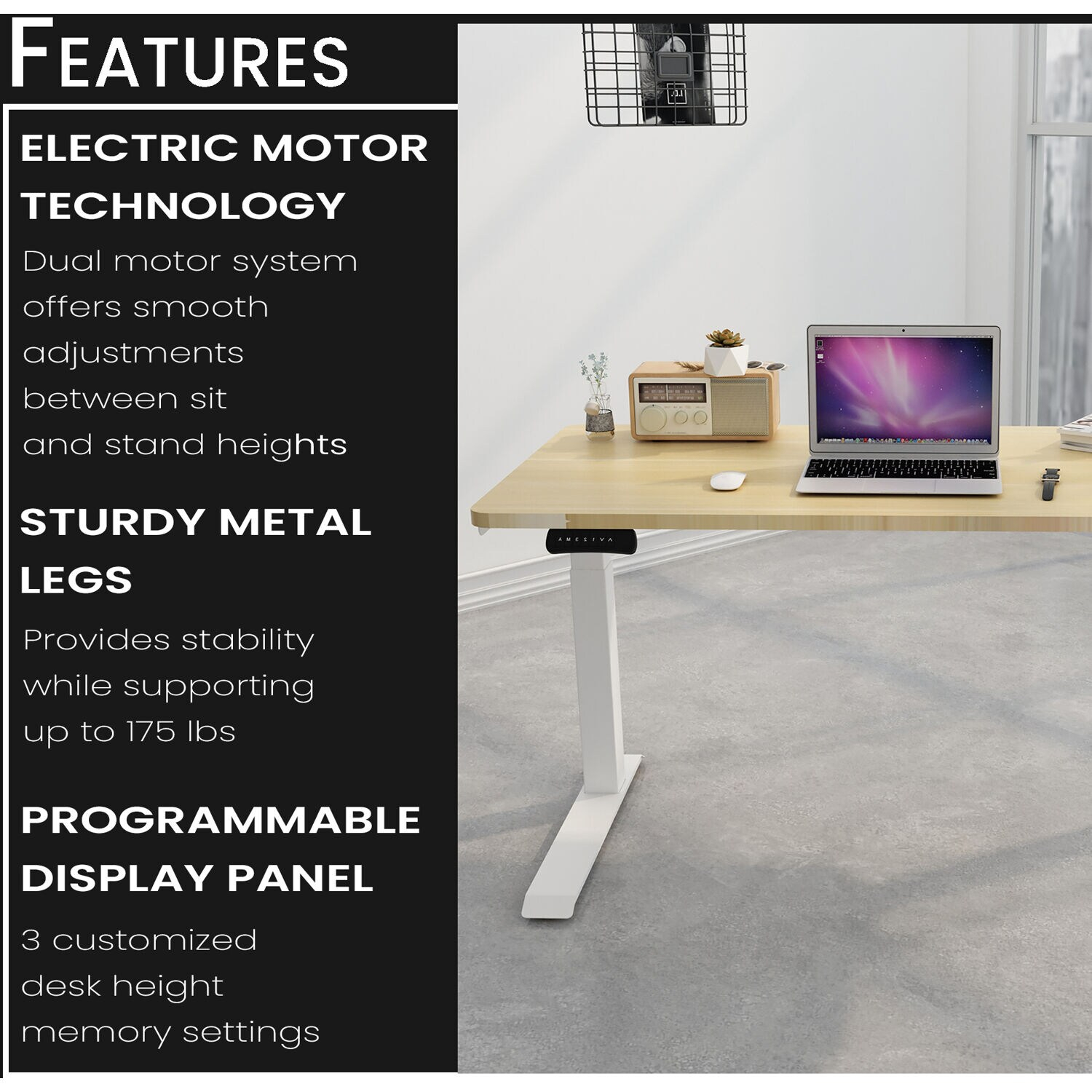 Hanover 55-In. Assembled Sit or Stand Electric Desk with Adjustable and Programmable Heights, Natural