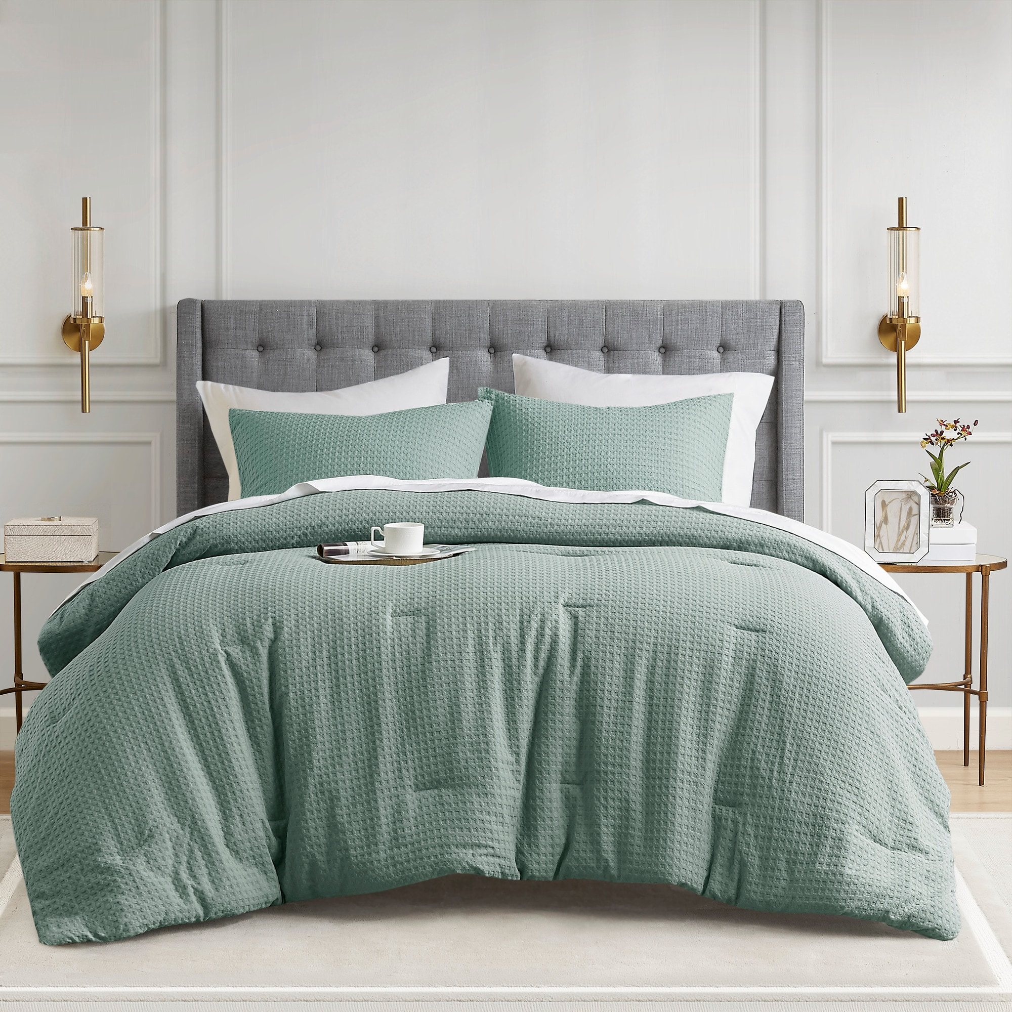 Comfort Spaces Sage Green Queen Comforter Set - 3 Pieces Breathable Dotted Weave Texture Comforter Sets, Modern Farmhouse Boho Comforter & Shams, All Season Microfiber Queen Bed Set, Full/Queen