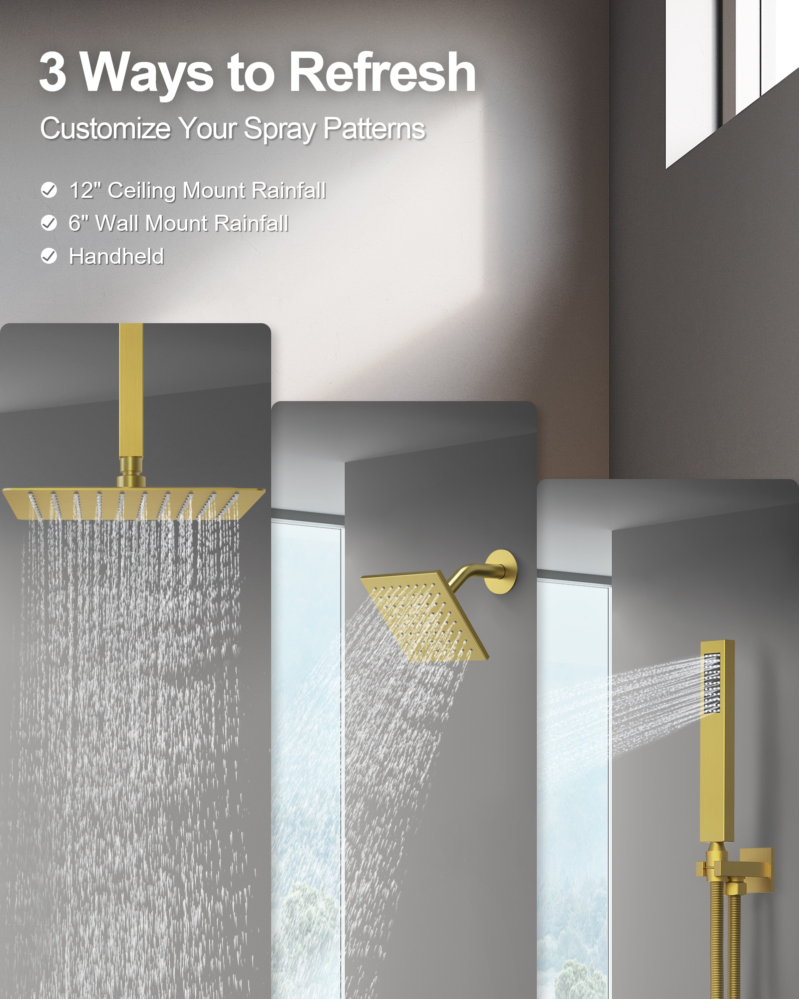 GRANDJOY Dual Wall Mount Rainfall Shower Head System Adjustable 12 inch & 6 inch Shower Faucet Set with Handheld Shower Spray Thermostatic Pressure Balance Value, Brushed Gold