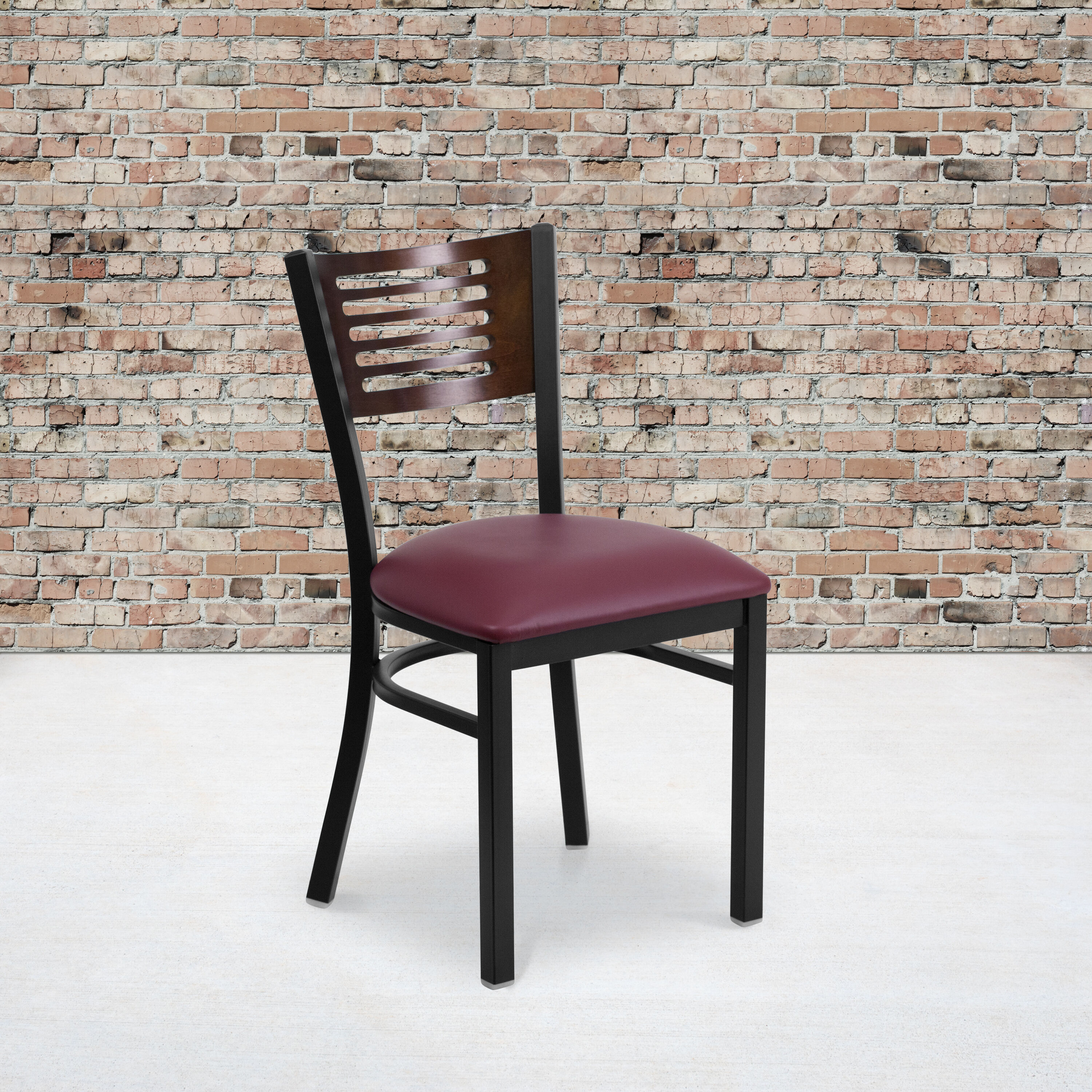 Walnut Wood Back Burgundy Vinyl Seat Black Metal Frame Side Chair