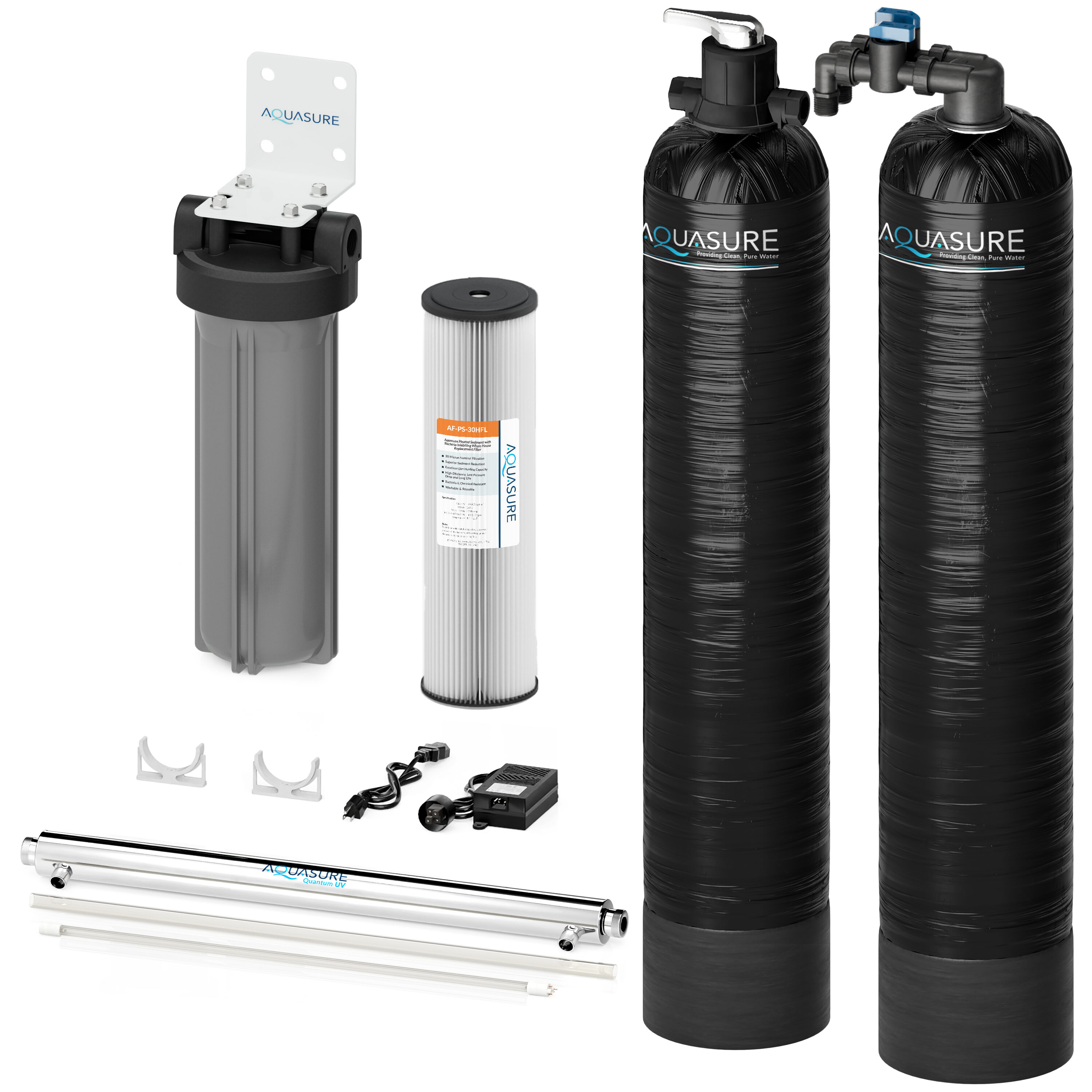 Aquasure 15 GPM Salt-Free Conditioning, Whole House Water Treatment System, Pleated Sediment Pre-Filter and UV Sterilizer