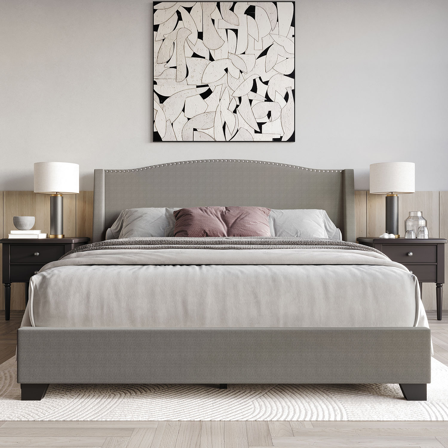 Castle Place Elegant Linen King Platform Bed with Storage, LIght Grey
