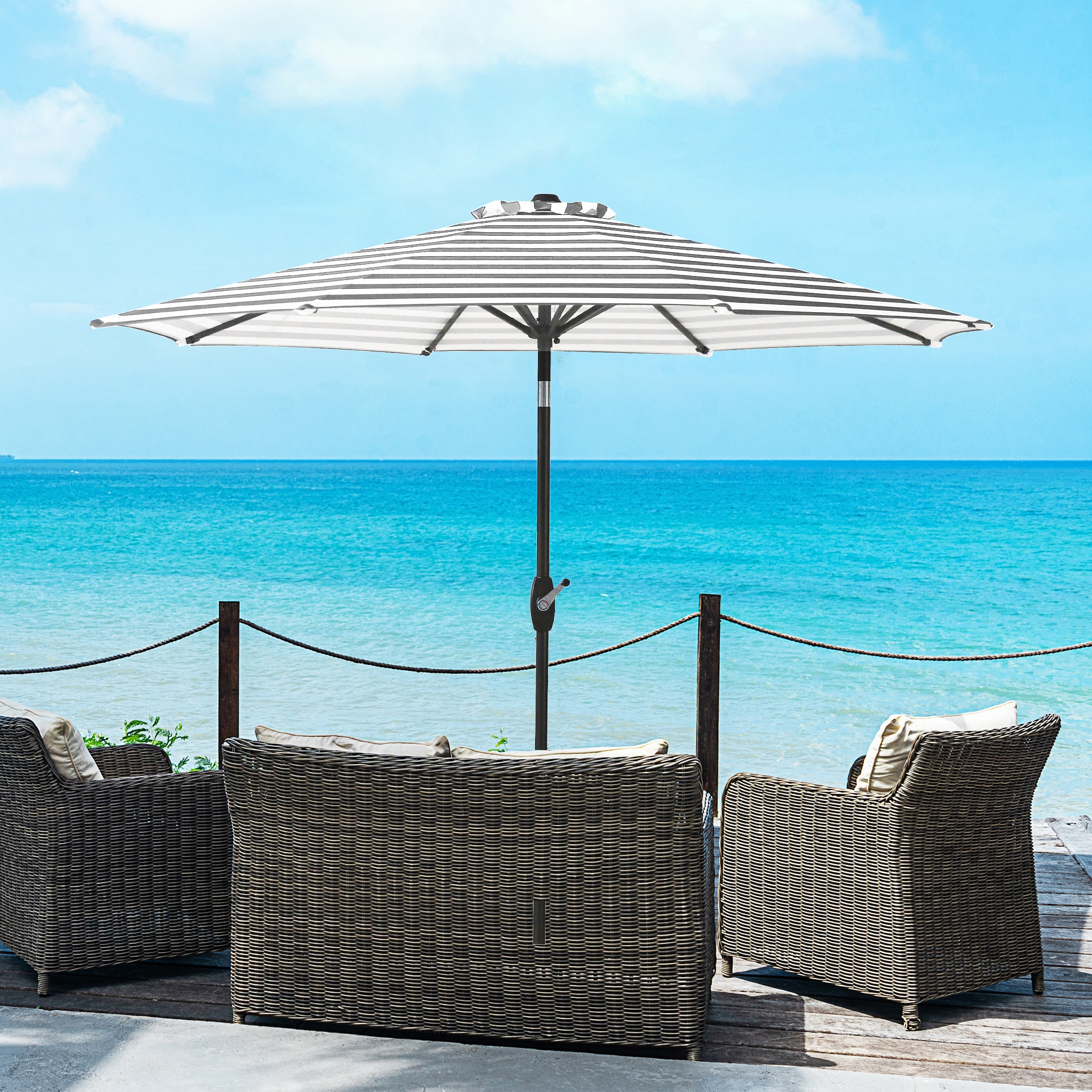 Westin Outdoor 9 Ft Umbrella with Round Resin Plastic Base Weight Included for Patio Garden UV Water Weather Resistant, Gray/White Stripe