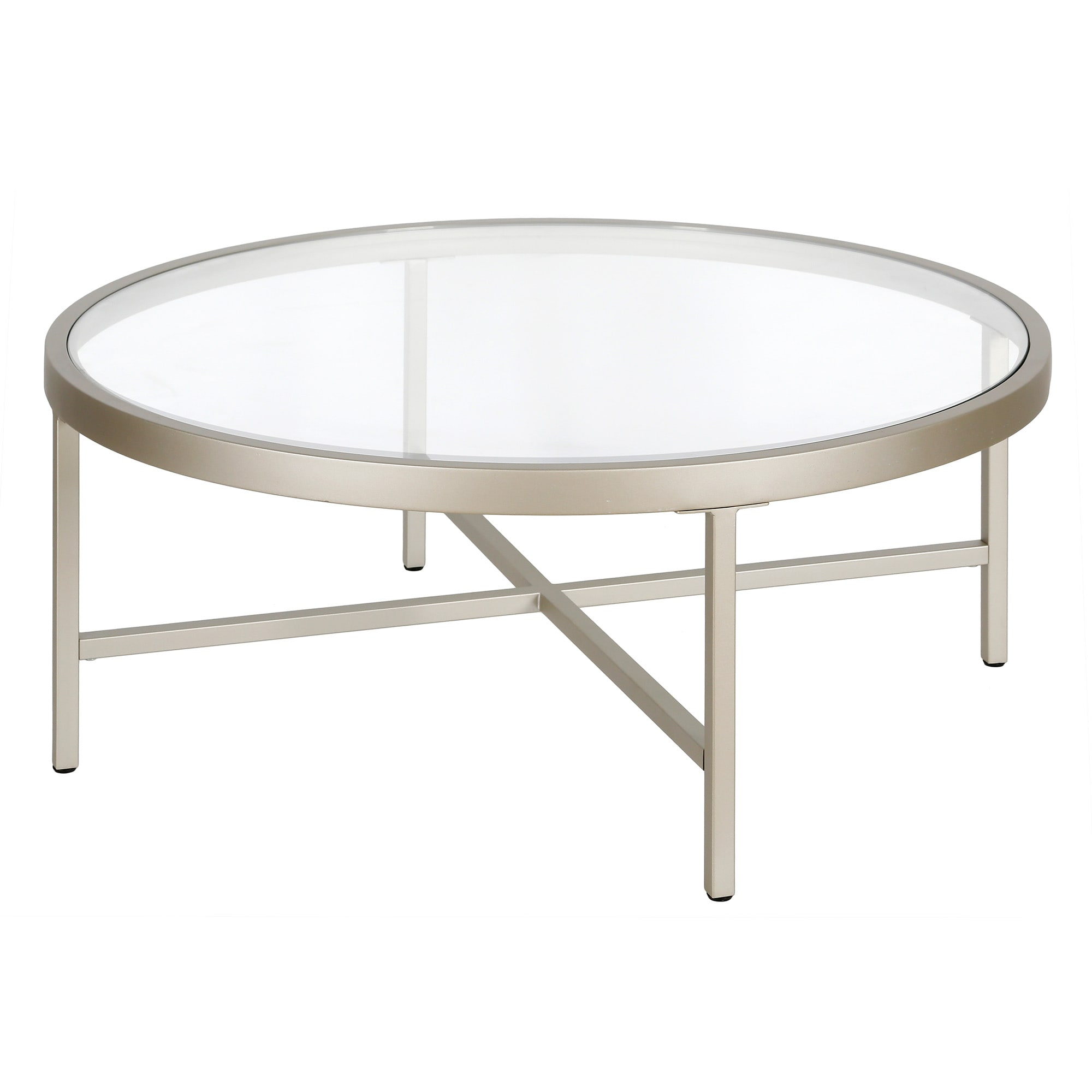 Evelyn&Zoe Xivil 36" Wide Round Coffee Table with Glass Top, Satin Nickel
