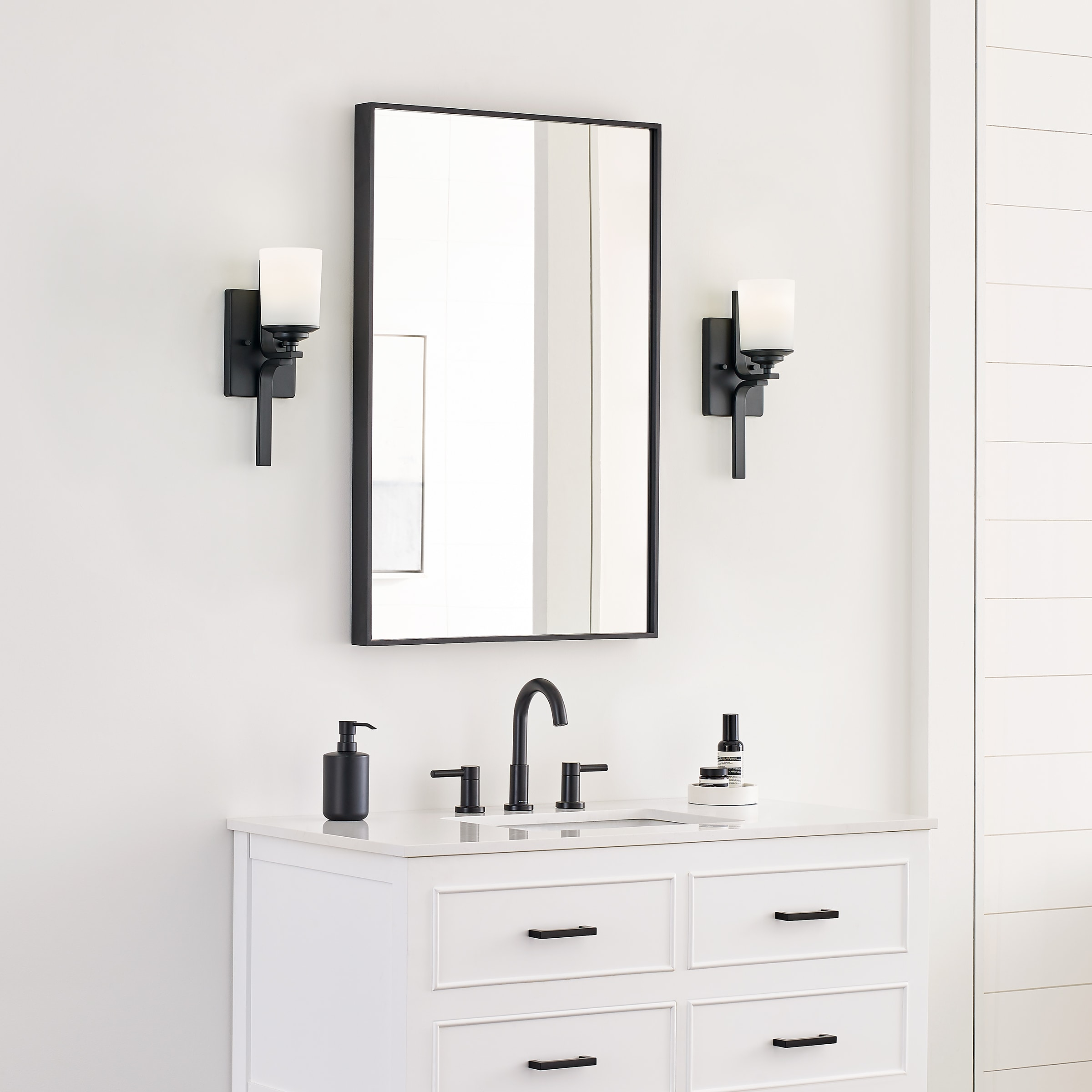 Generation Lighting 4130701-112 Kemal Etched/White Glass Cylinder Torchiere Wall Sconce Lighting Fixture, 1-Light 75 Watt, 15" H x 5" W, Midnight Black