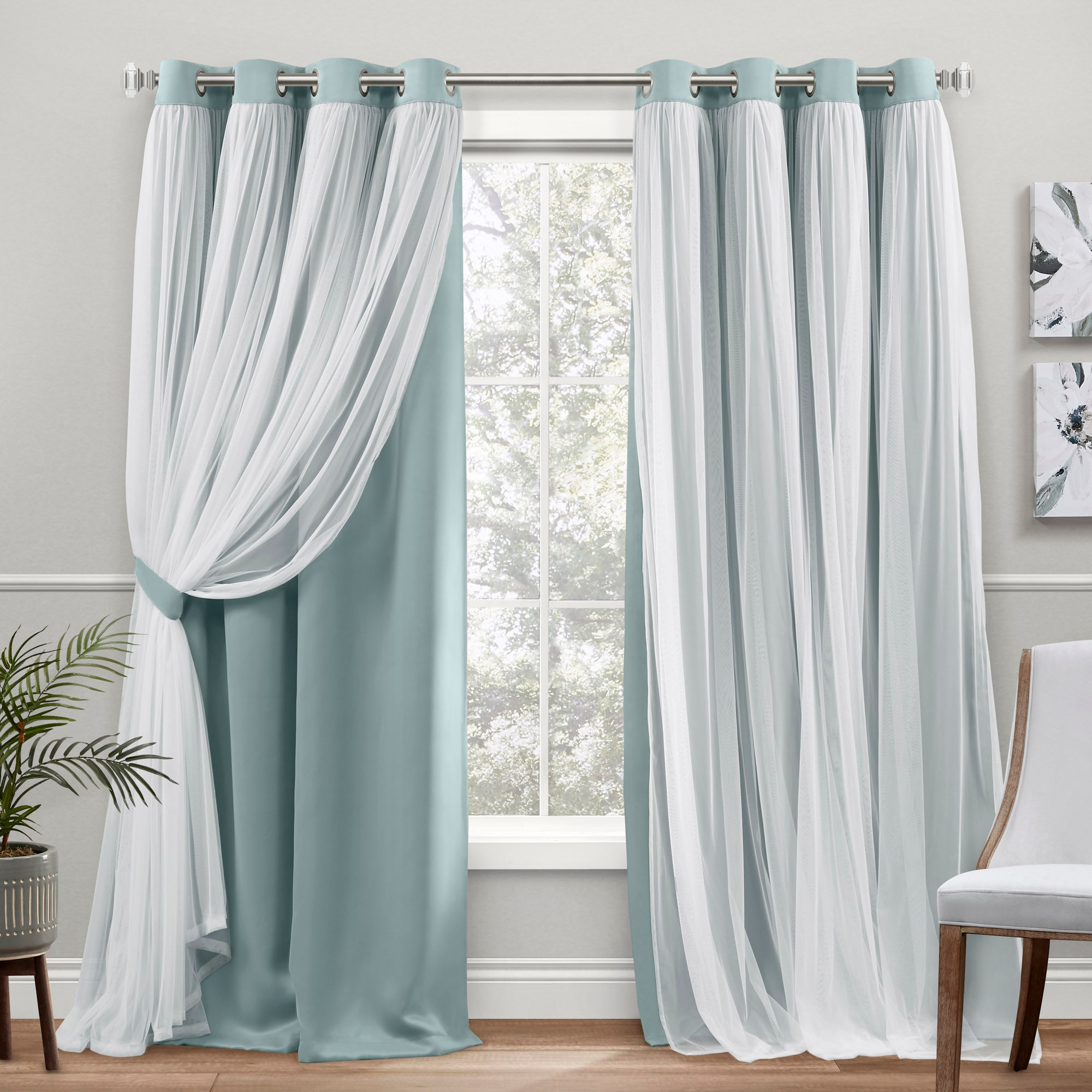 TOWN & COUNTRY LUXE Talia Double Layer Indoor Curtains, Sheer and Room Darkening Blackout, Grommet Top, Energy Efficient, 2-Pack Set, 52"x108", Mint Green