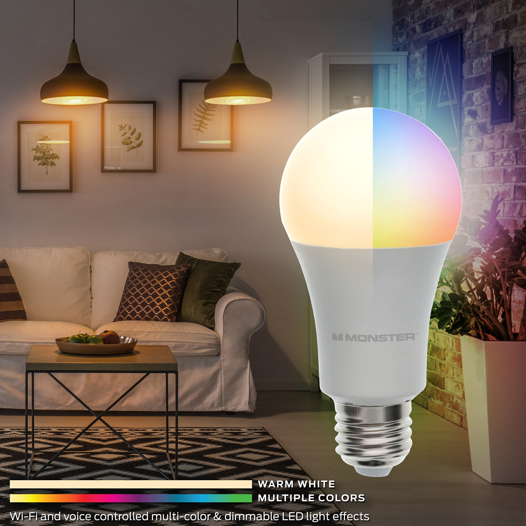 Monster LED Smart Wi-Fi Multi-Color and Warm-White LED Light Bulb, Indoor 60W, E26, A19, 1-Pack