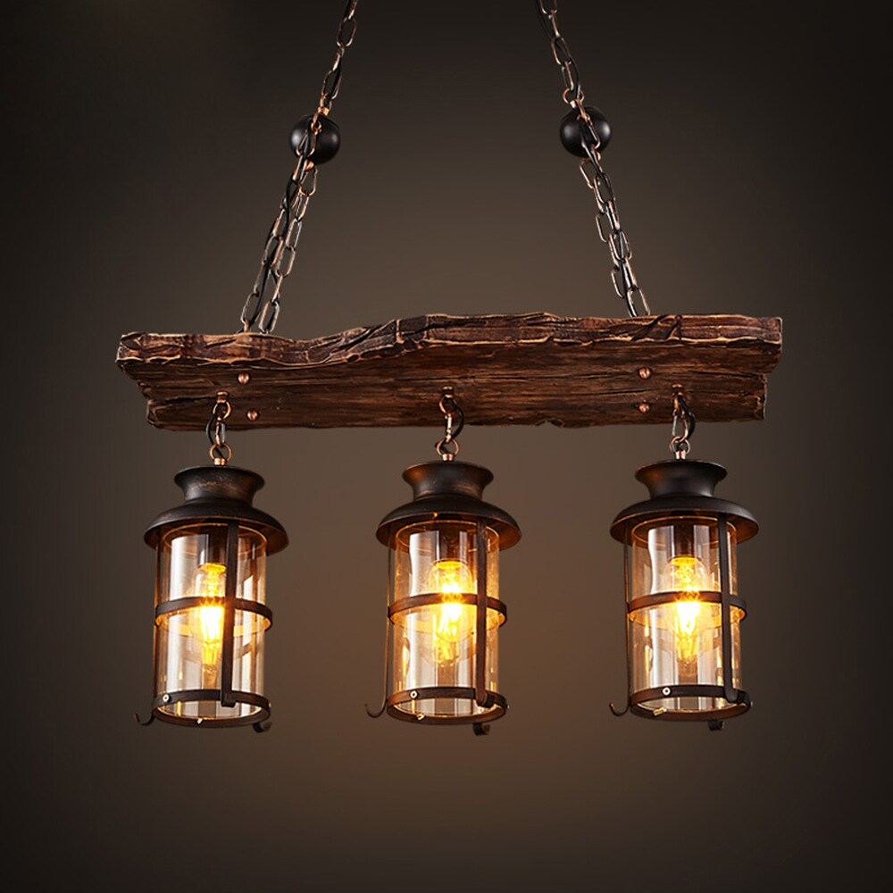 3-Light Rustic Kitchen Island Pendant Lamp Farmhouse Wood Iron Chandelier Industrial Ceiling Hanging Light with Glass Lampshade for Dining Living Room Restaurant Cafe Bar 39.4 x 27 in E26/E27 Base