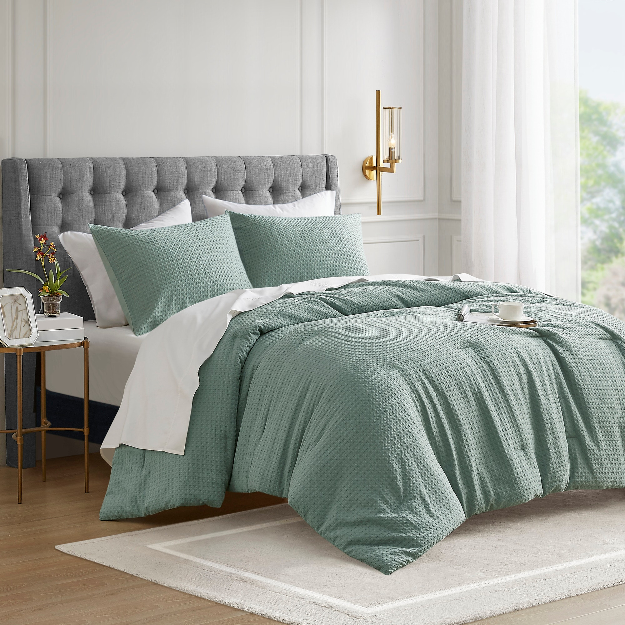 Comfort Spaces Sage Green Queen Comforter Set - 3 Pieces Breathable Dotted Weave Texture Comforter Sets, Modern Farmhouse Boho Comforter & Shams, All Season Microfiber Queen Bed Set, Full/Queen