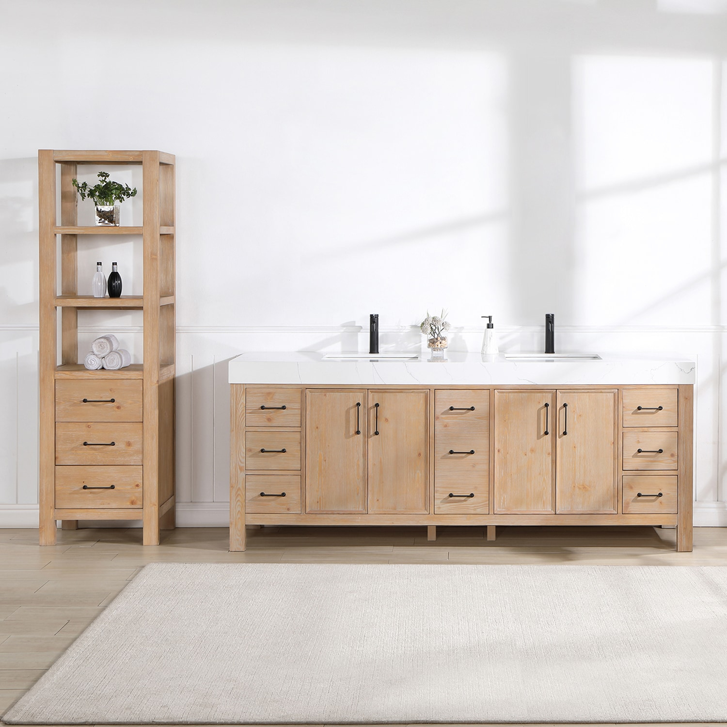 Vinnova Leon 84" Wood Double Vanity with Adjustable Drawer in Brown/White