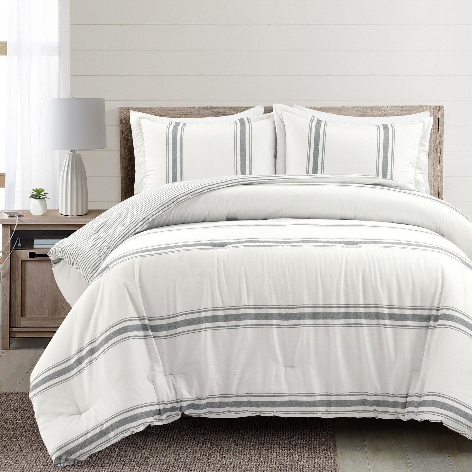 Lush Decor Farmhouse Stripe Reversible Cotton Comforter Dark Gray 3Pc Set Full/Queen