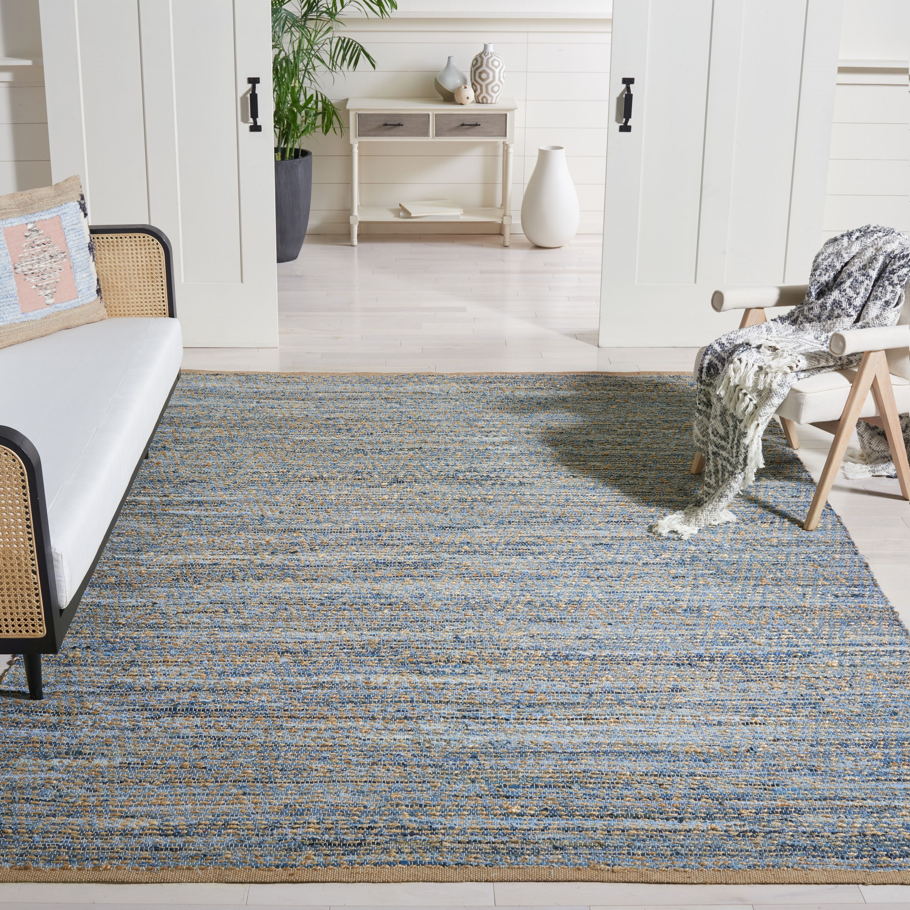 SAFAVIEH Cape Cod Leo Braided Striped Jute Area Rug, 11' x 15', Natural/Blue