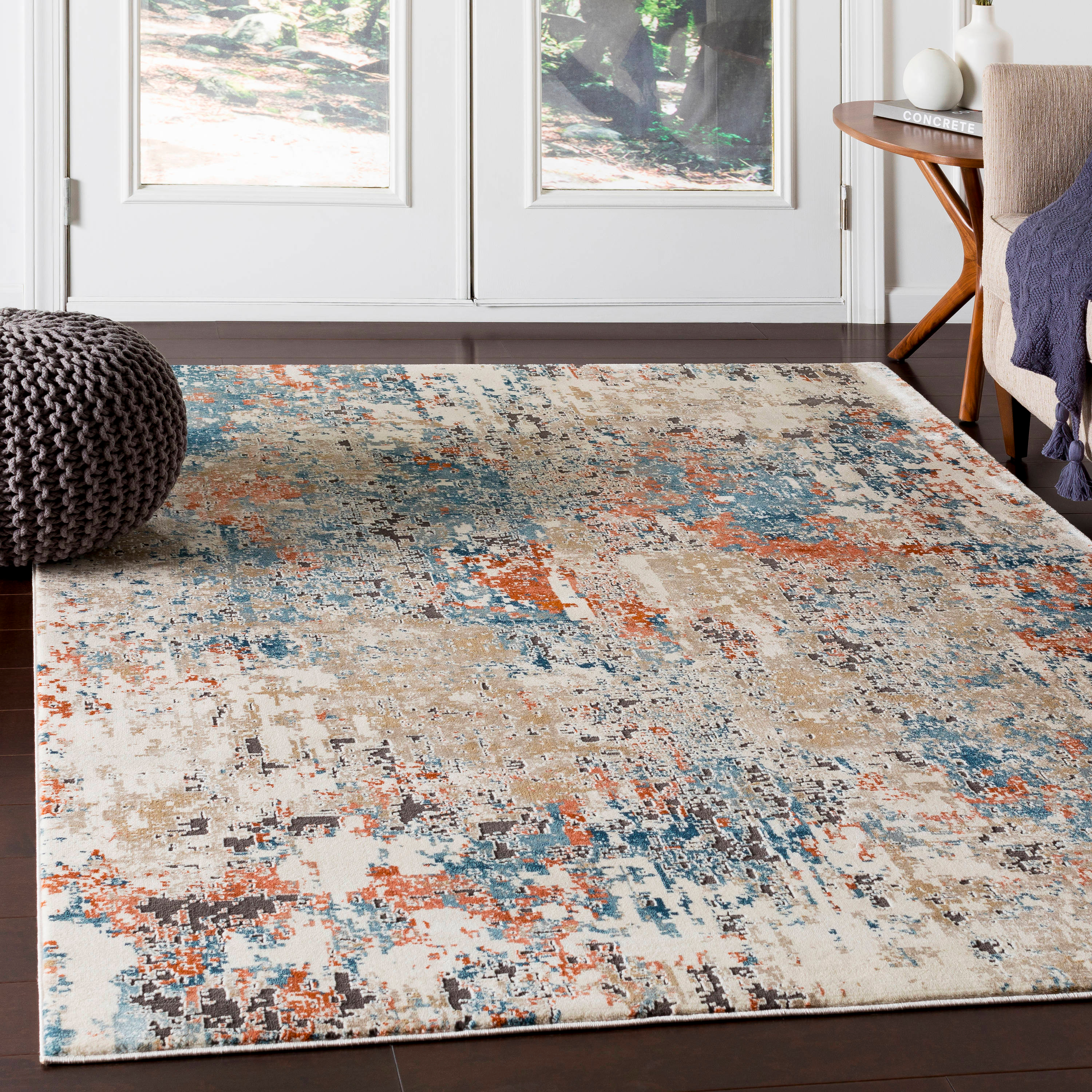 Abstract Blue Overdyed Vintage Feel 63" x 87" Synthetic Rug