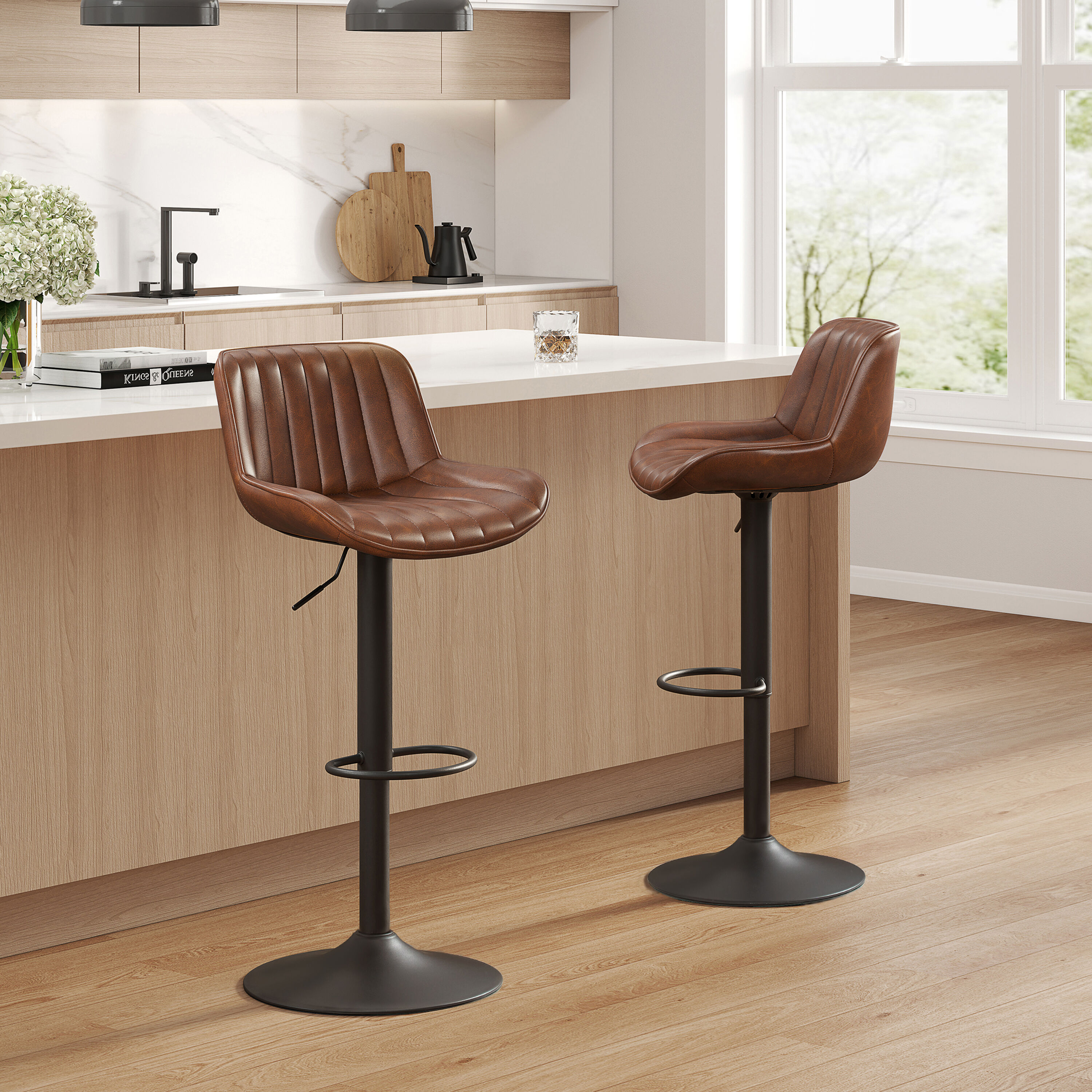 Art Leon Rustic Bar Stools Set of 2, Faux Leather with Backrest Chrome Legs, Upholstered Swivel Kitchen Stools, Cognac