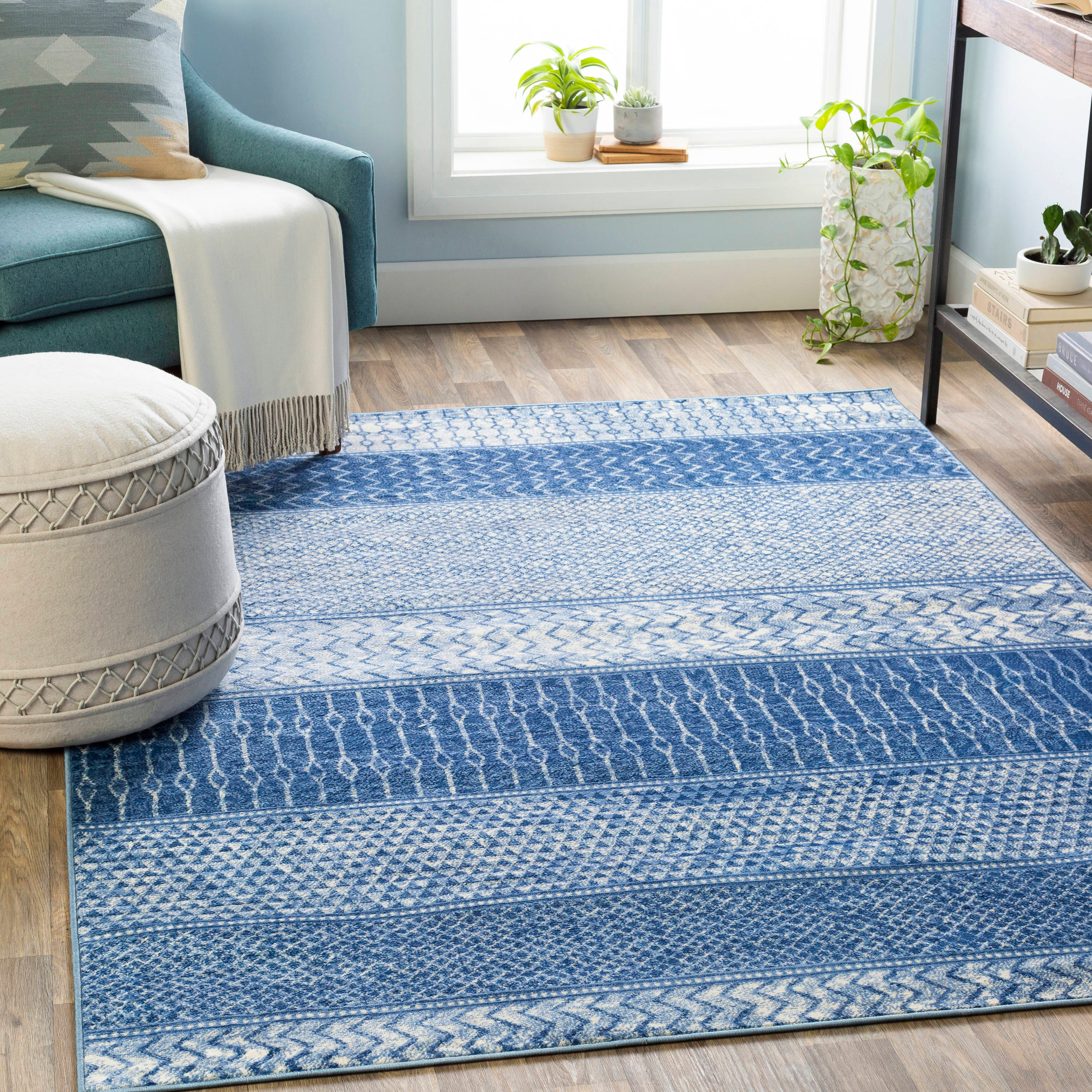 Reversible Blue Synthetic Easy-Care Rectangular Area Rug 6'7" x 9'6"