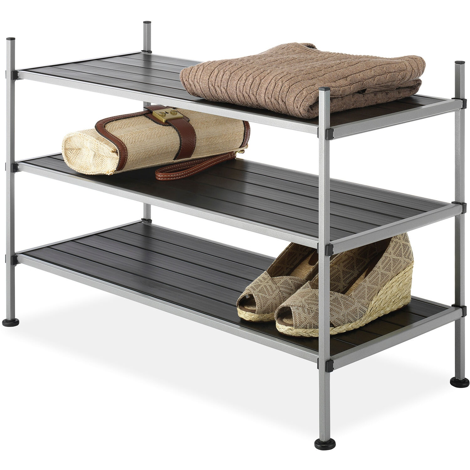 Whitmor 3-Tier Storage Shelves - Shoe Rack and Home Organizer - 12" x 25.625" x 17" - Silver Epoxy Iron Frame