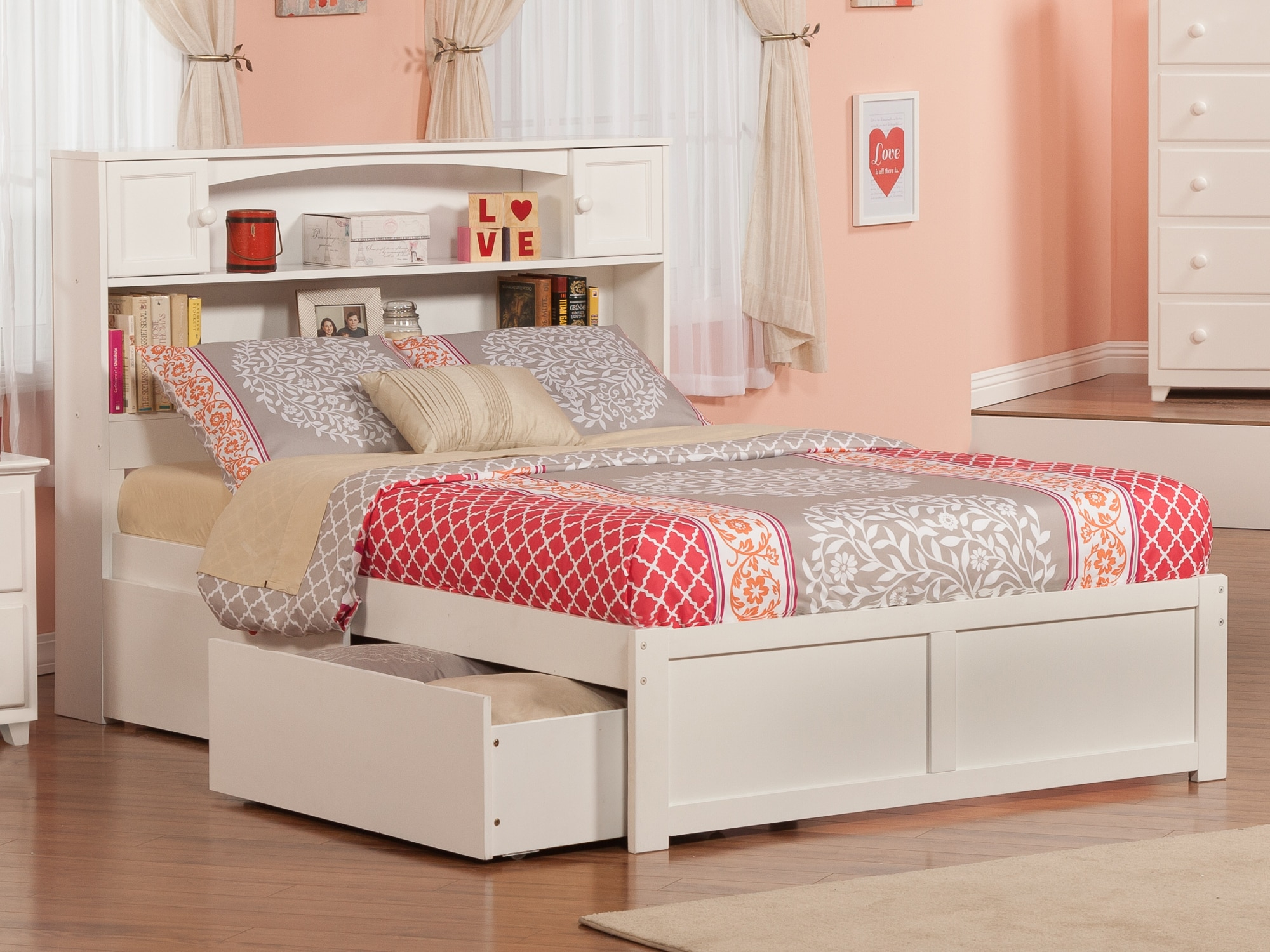 Newport White Full Platform Bed with Flat Panel Foot Board and 2-Urban Bed Drawers