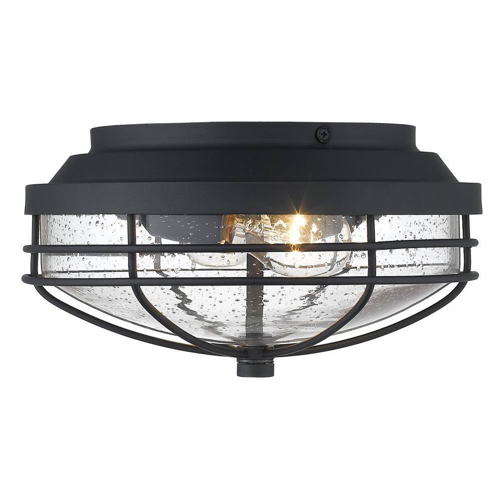 Golden Lighting Seaport 2-Light Outdoor Flush Mount in Natural Black with Seeded Glass