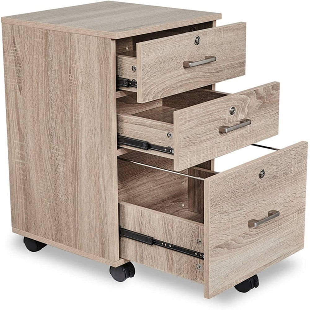 Ktaxon 3-Drawer Rolling Wood File Cabinet with Lock, Portable Vertical Mobile Wooden Storage, Business Filing Cabinet for Home Office,Oak