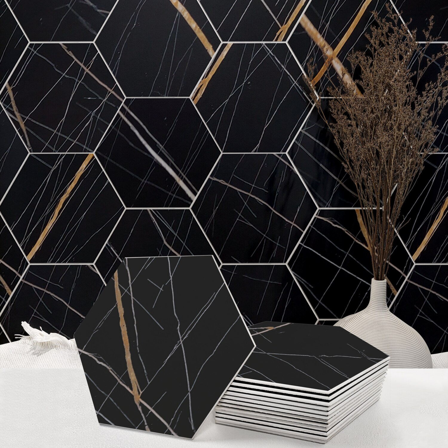 Avant Decor | Stone Composite Hexagon Stone Texture | Peel and Stick Kitchen Backsplash Tiles | Stick On Wall Tiles | Easy DIY Installation | 6” x 6.9” | Single Tile